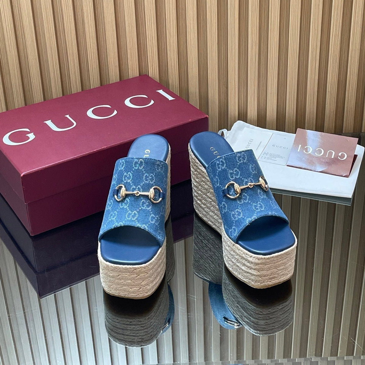 Gucci 26S Wedge Sandals 11Cm In Blue Canvas GG Monogram