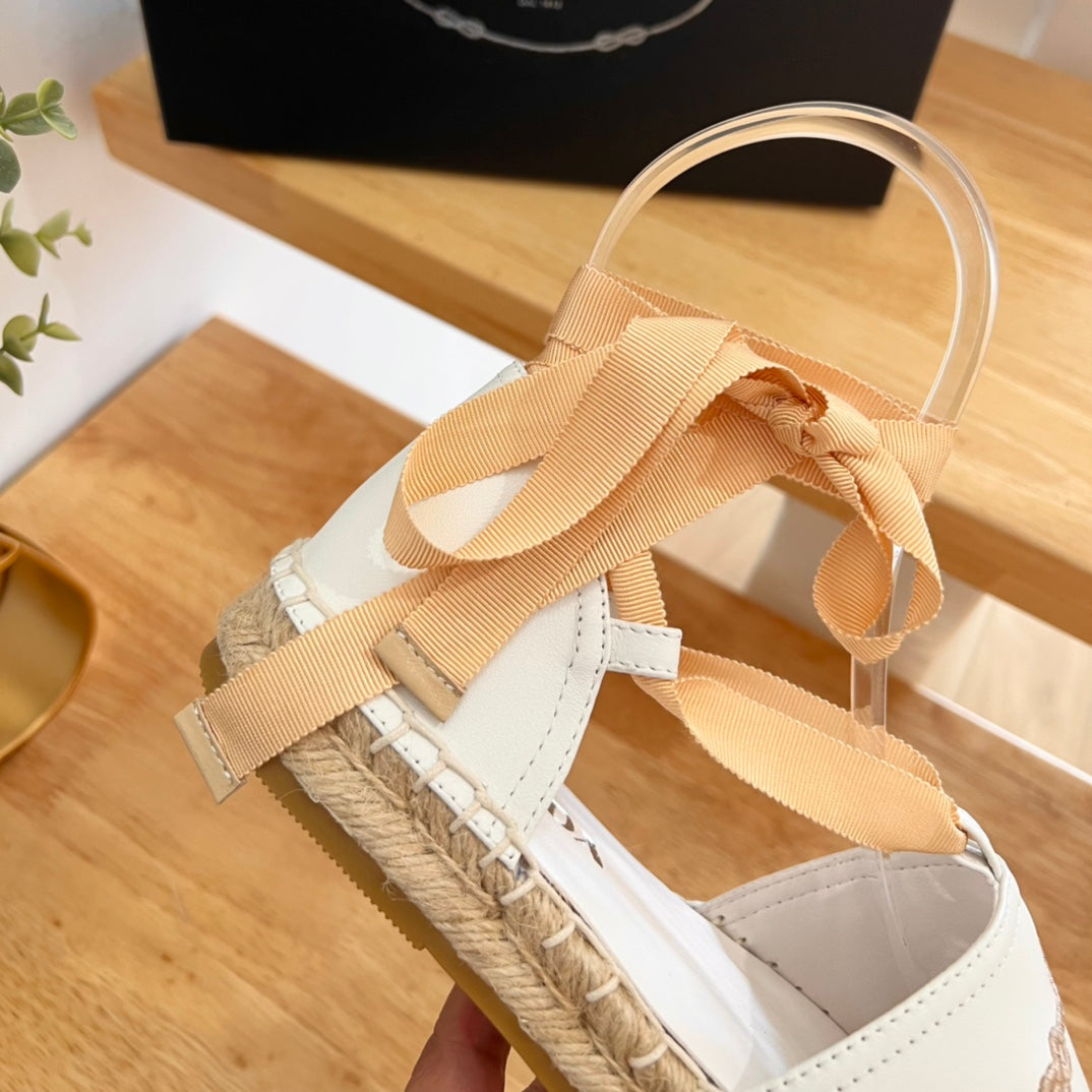 Prada 26s Lace Up Espadrille Flats Cream White Calfskin