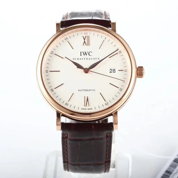 IWC Portofino 40mm White Dial Pink Gold Case Brown Crocodile Leather