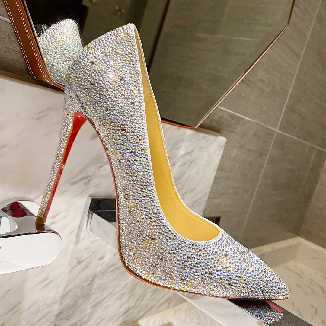CL Kate Strass Degrade Pumps 100mm Suede Silver