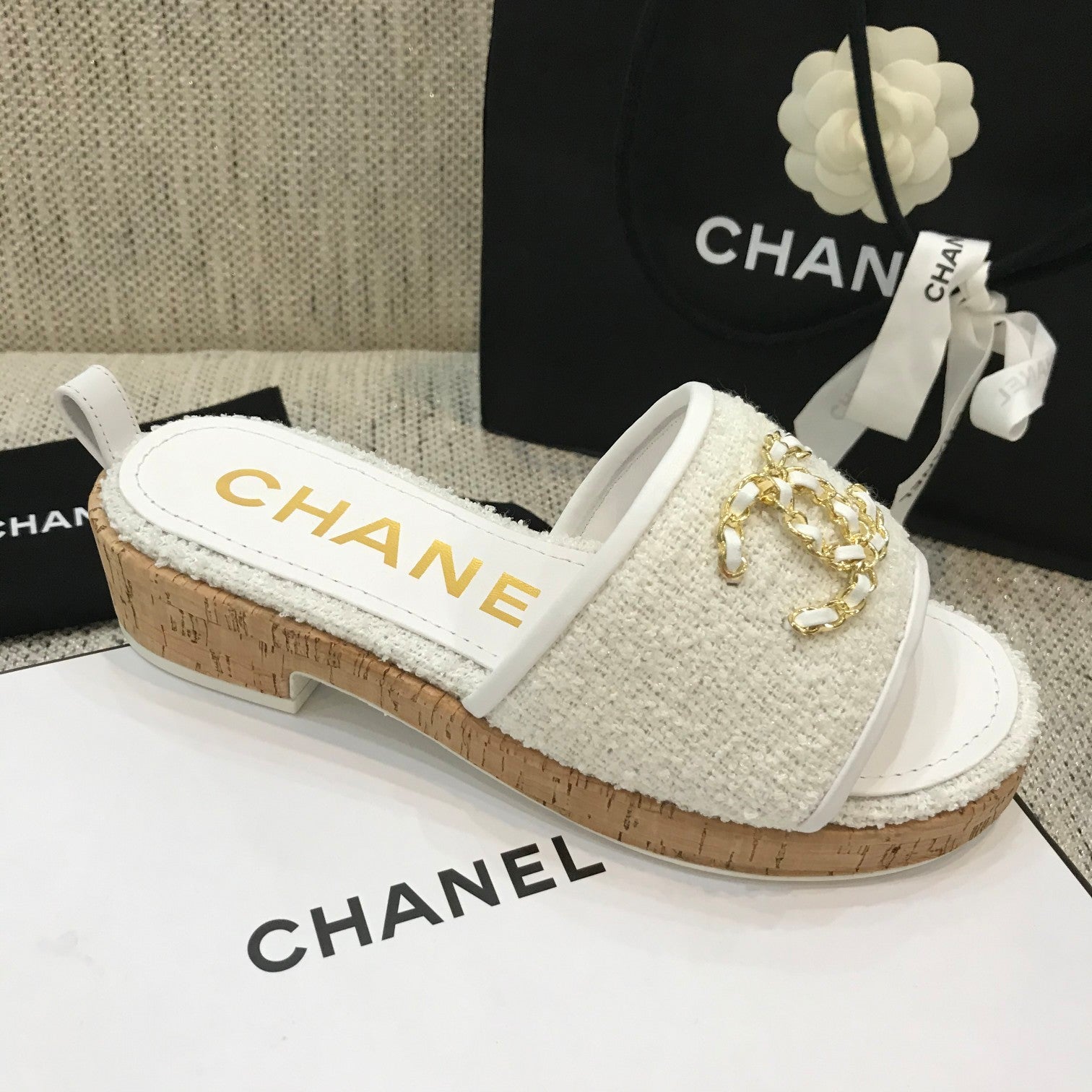 CC 26s Wooden Slippers White Tweed Lambskin 916900