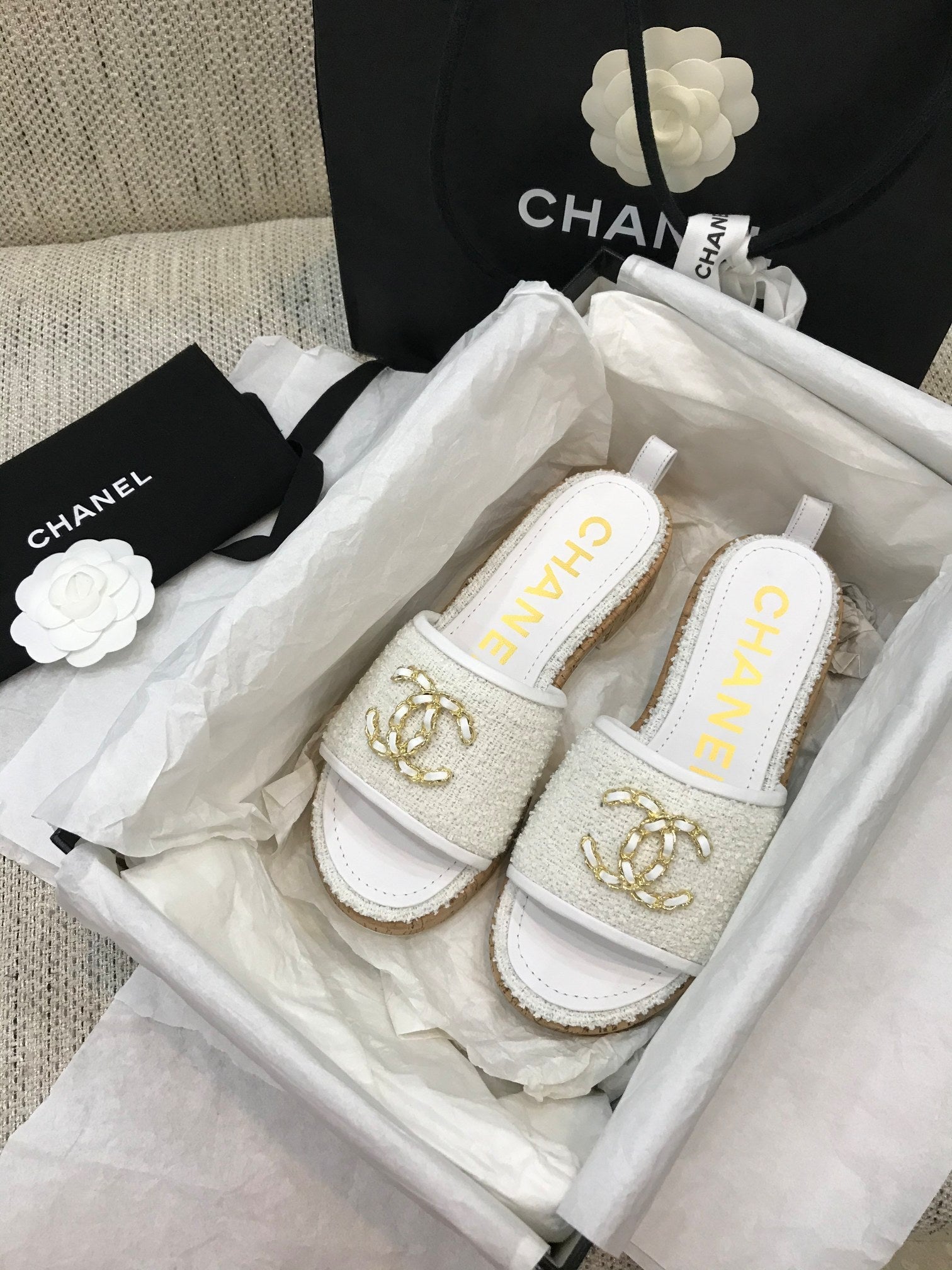 CC 26s Wooden Slippers White Tweed Lambskin 916900