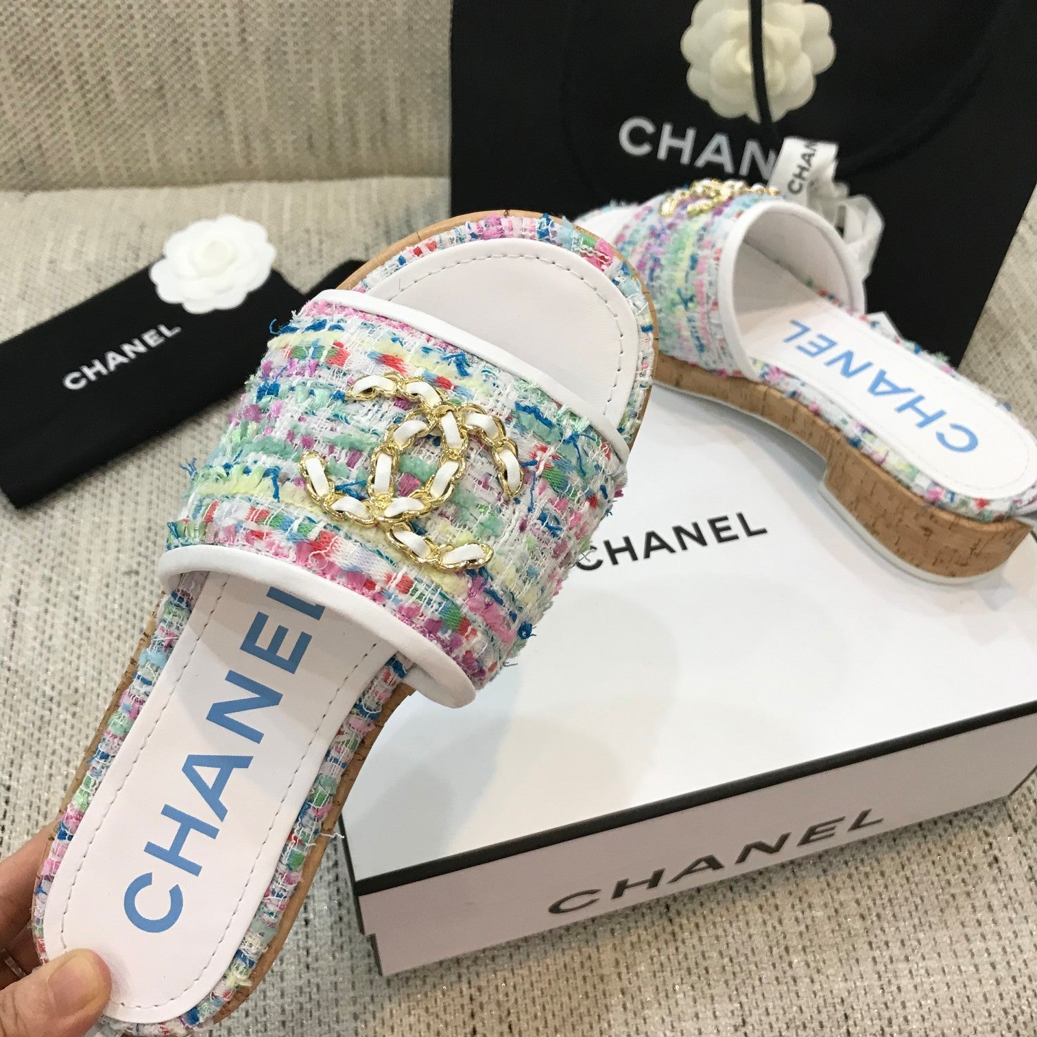 CC 26s Wooden Slippers White Colorful Tweed Lambskin 916901