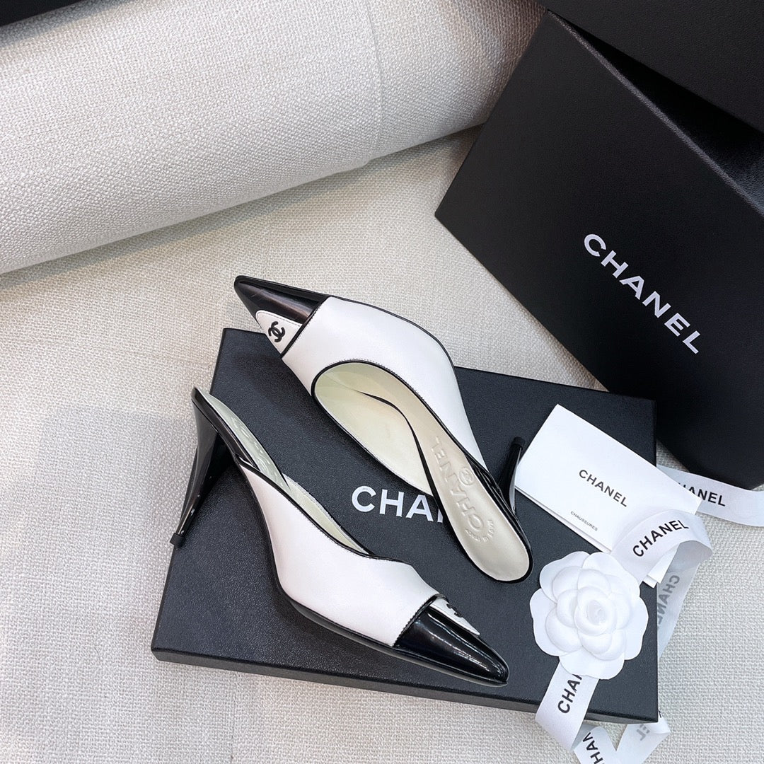 Chanel 26s Mules 8cm White Black Smooth Leather 156619