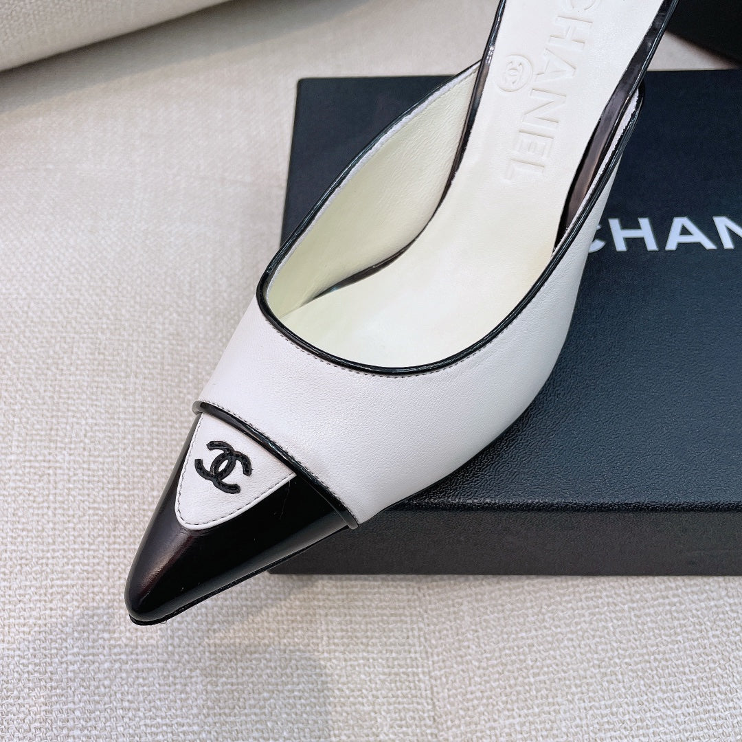 Chanel 26s Mules 8cm White Black Smooth Leather 156619