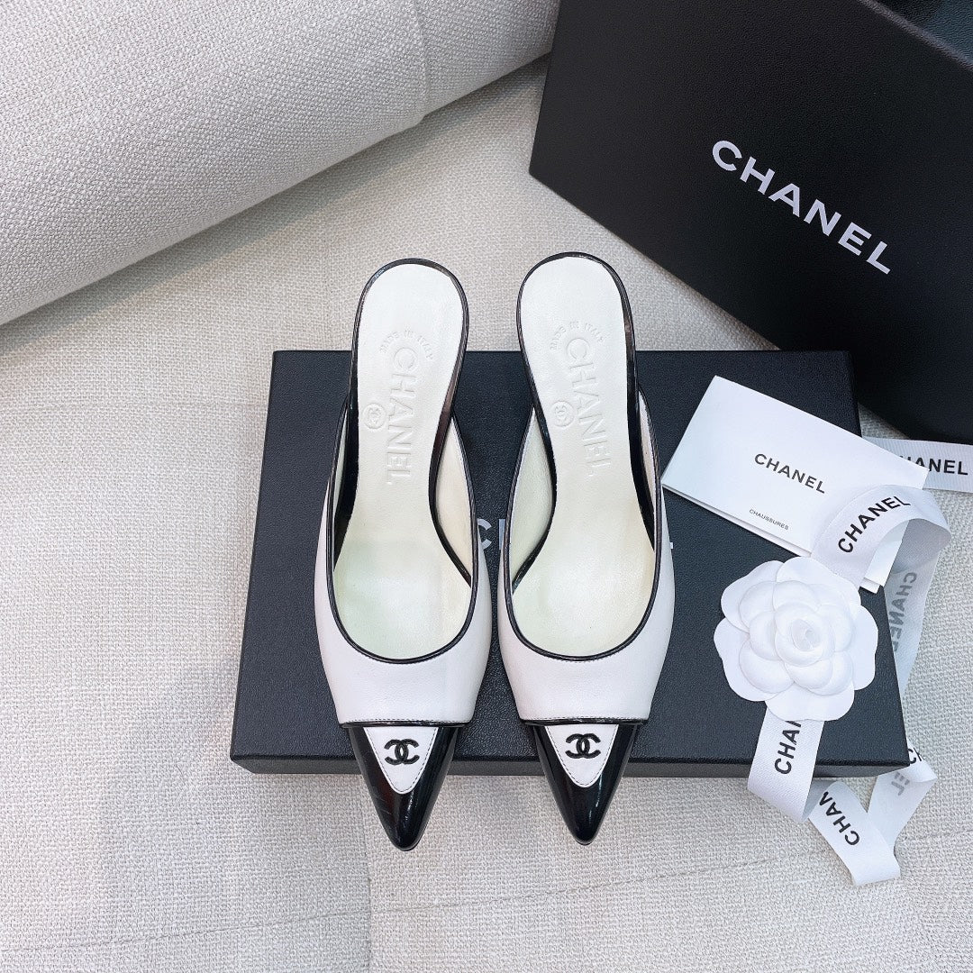 Chanel 26s Mules 8cm White Black Smooth Leather 156619