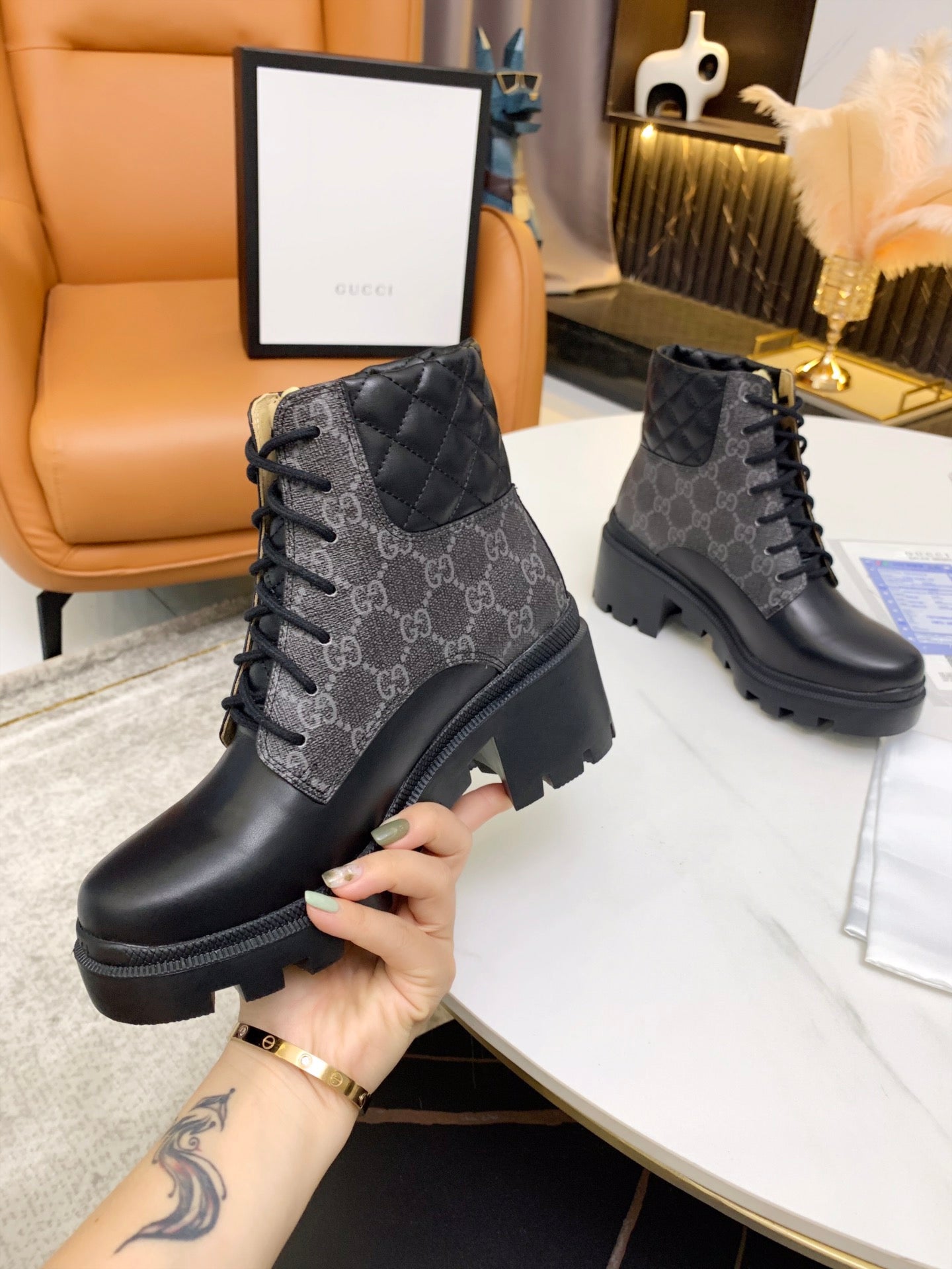 GG ankle boots black gray canvas mix leather