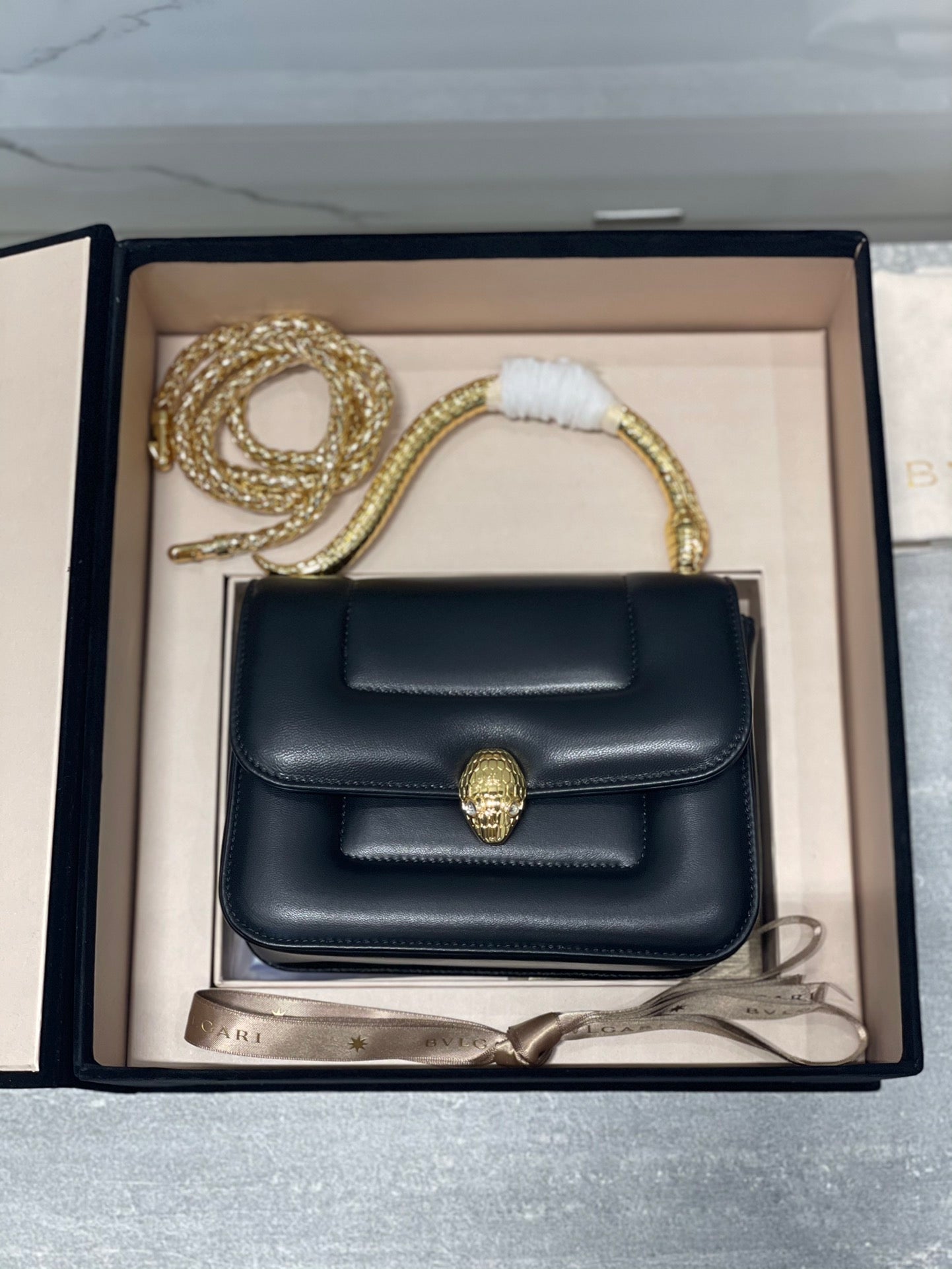 BVL Serpenti Mary Katrantzou Top Handle 19cm Black Lambskin GHW 188705