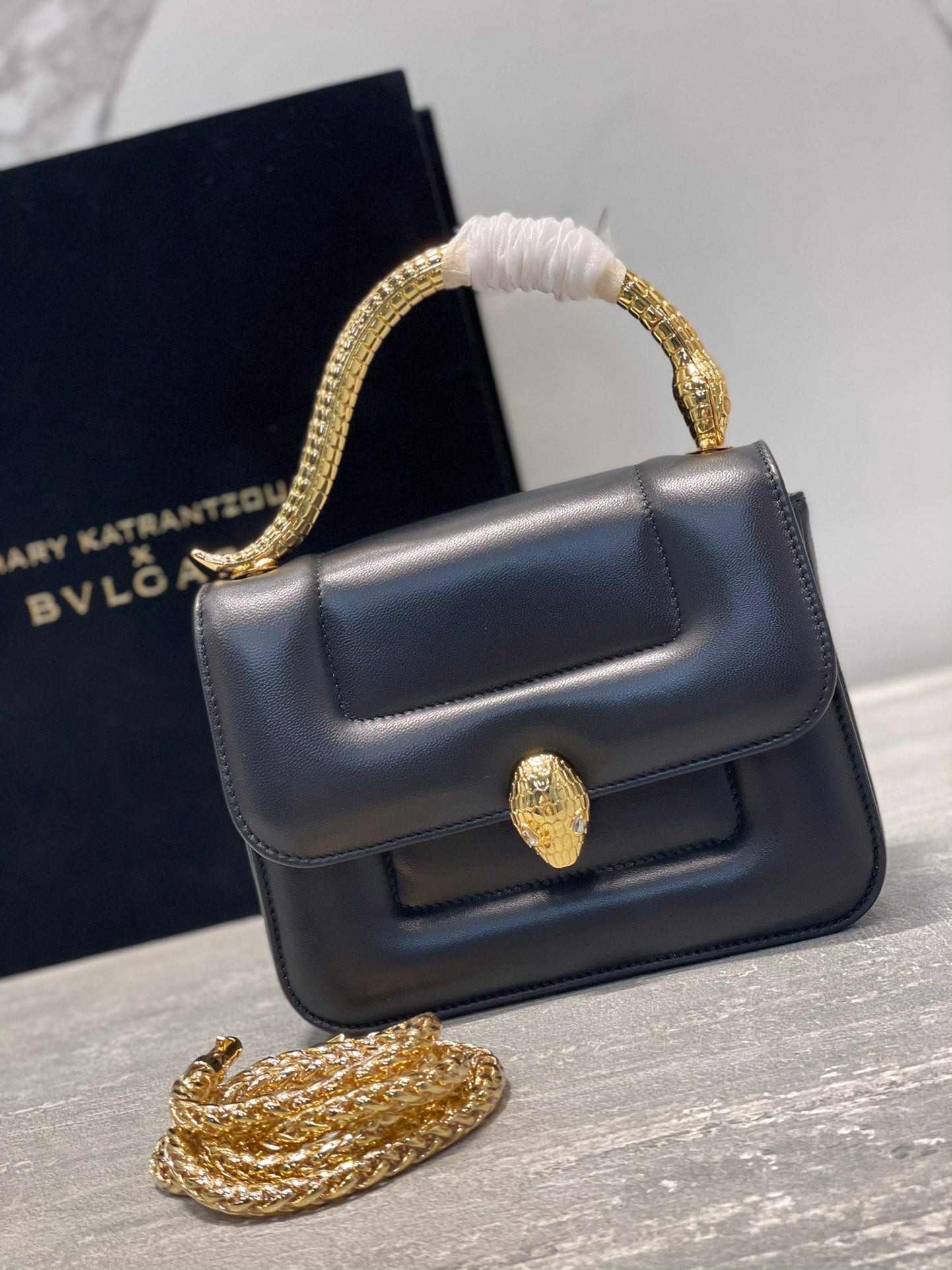 BVL Serpenti Mary Katrantzou Top Handle 19cm Black Lambskin GHW 188705