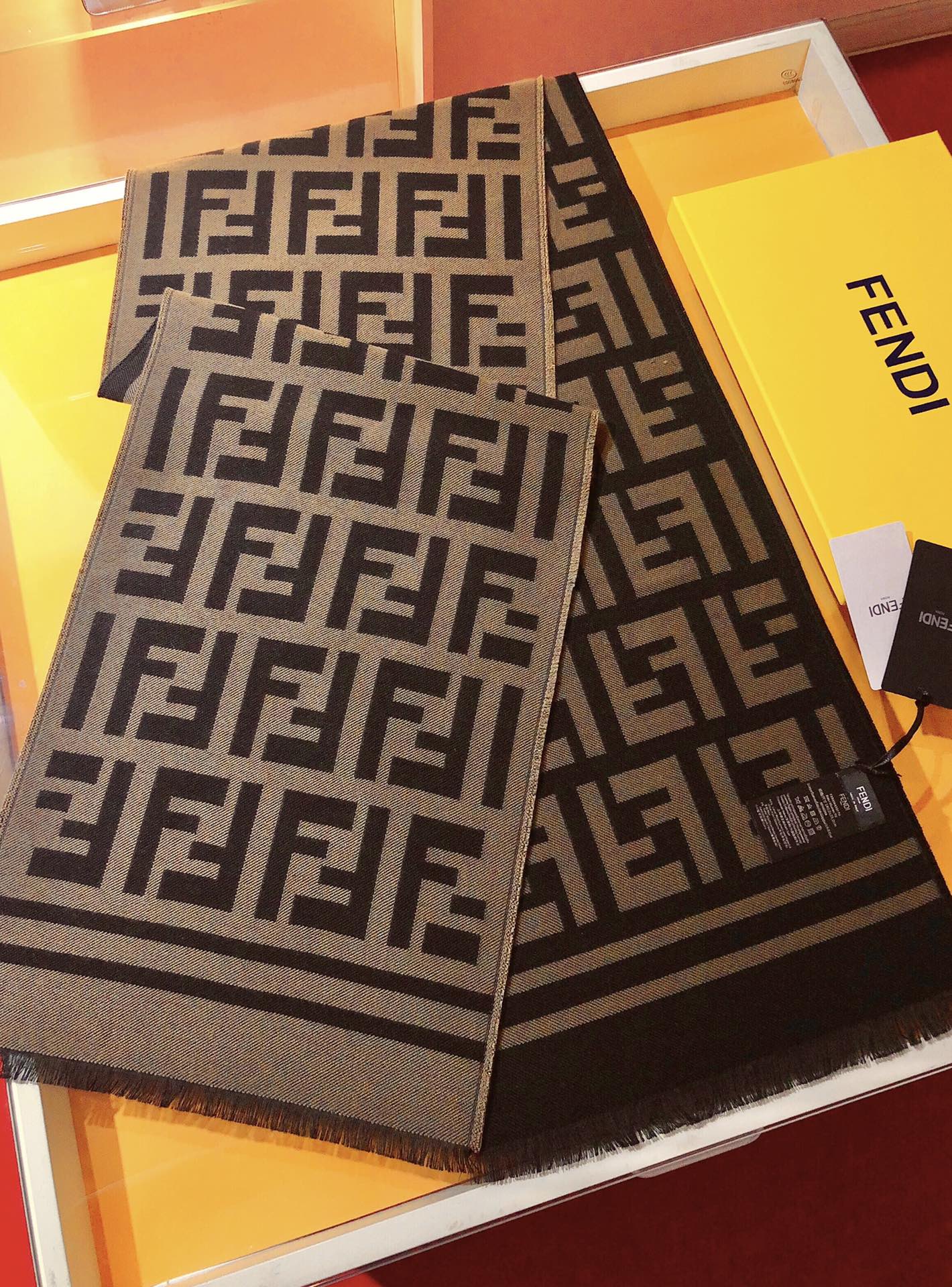 Fendi FF Monogram 180x45cm Brown Black Wool 136601