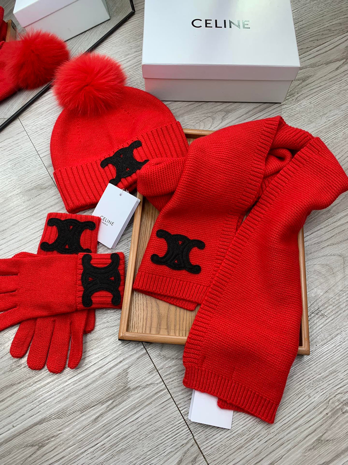 Celine Hat Scarf Gloves Set Red Knit Fur 475093