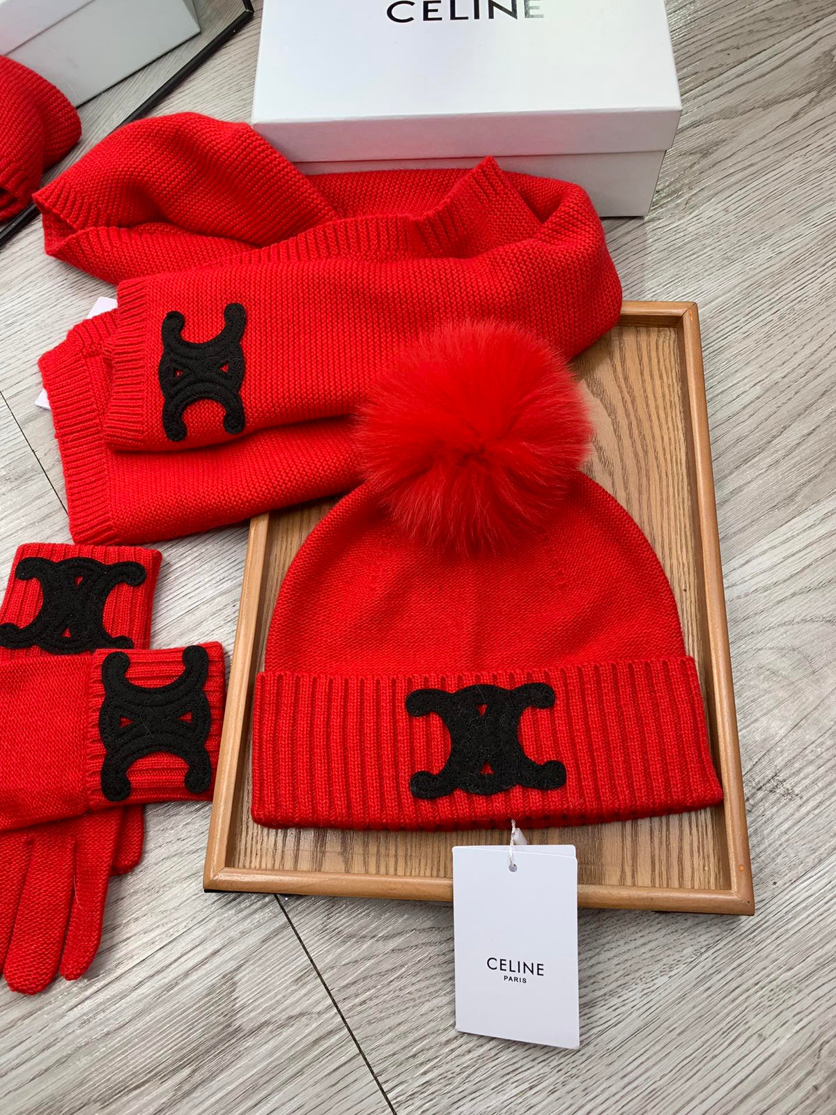Celine Hat Scarf Gloves Set Red Knit Fur 475093
