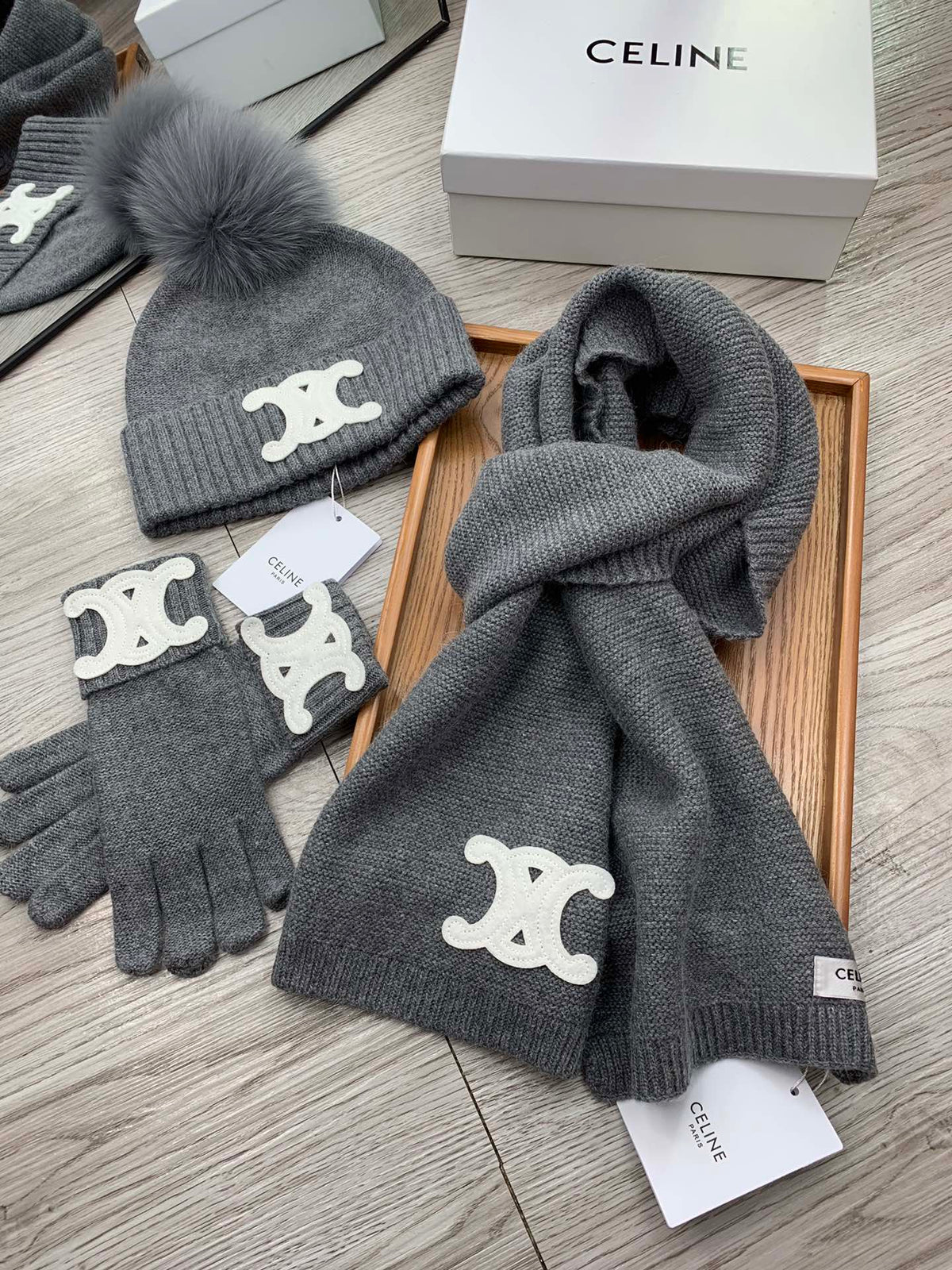 Celine Hat Scarf Gloves Set Gray Knit Fur 475092