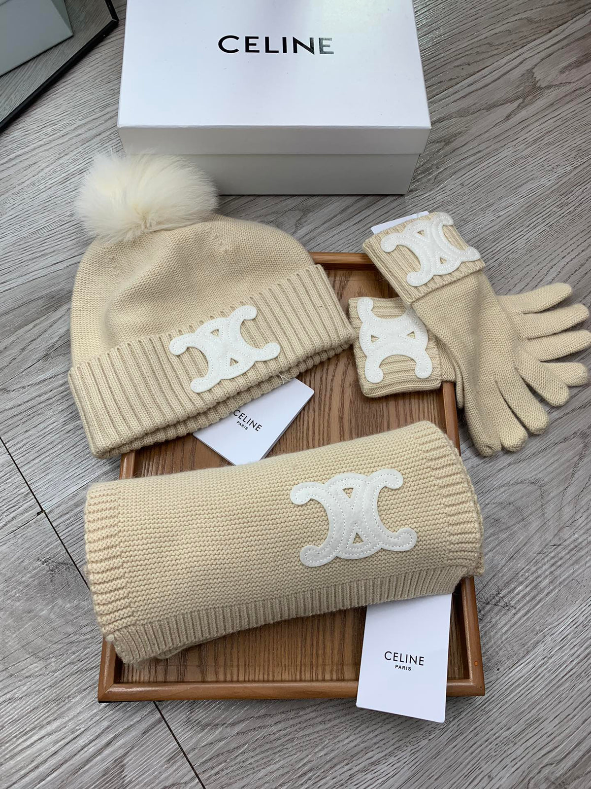 Celine Hat Scarf Gloves Set Light Beige Knit Fur 475091