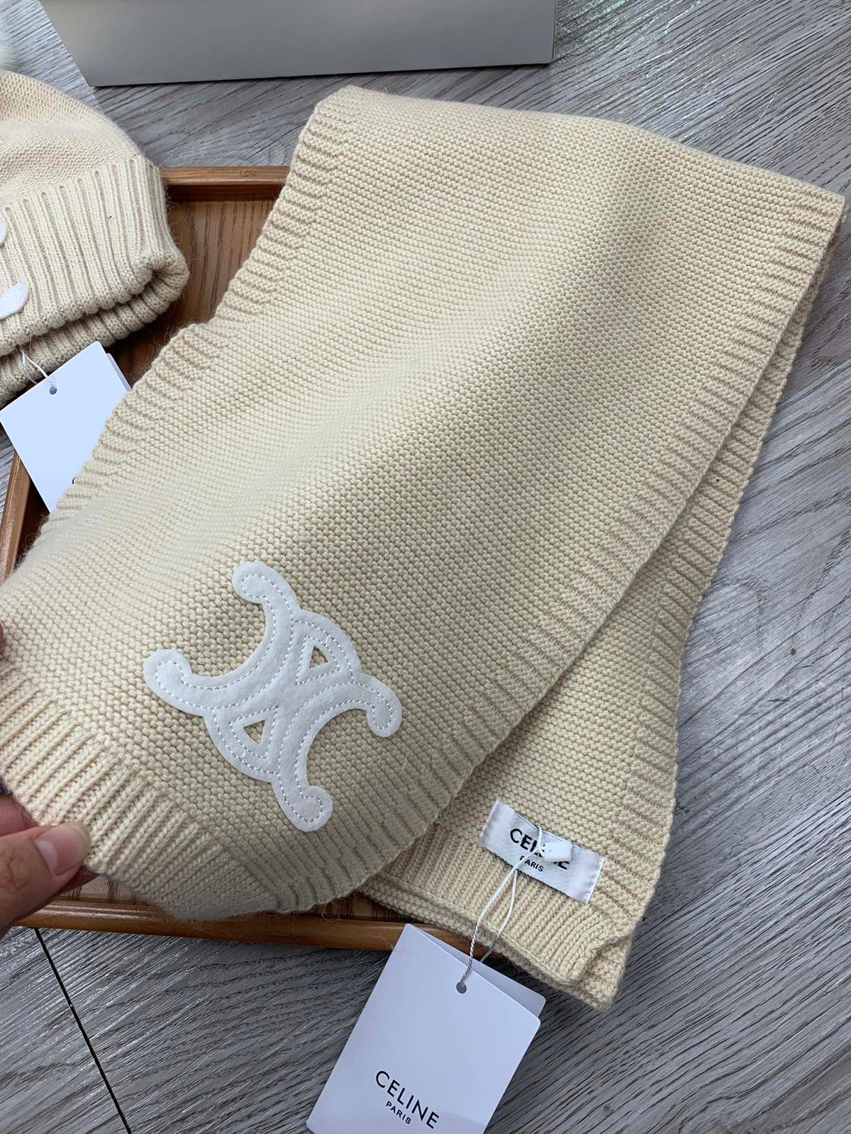 Celine Hat Scarf Gloves Set Light Beige Knit Fur 475091