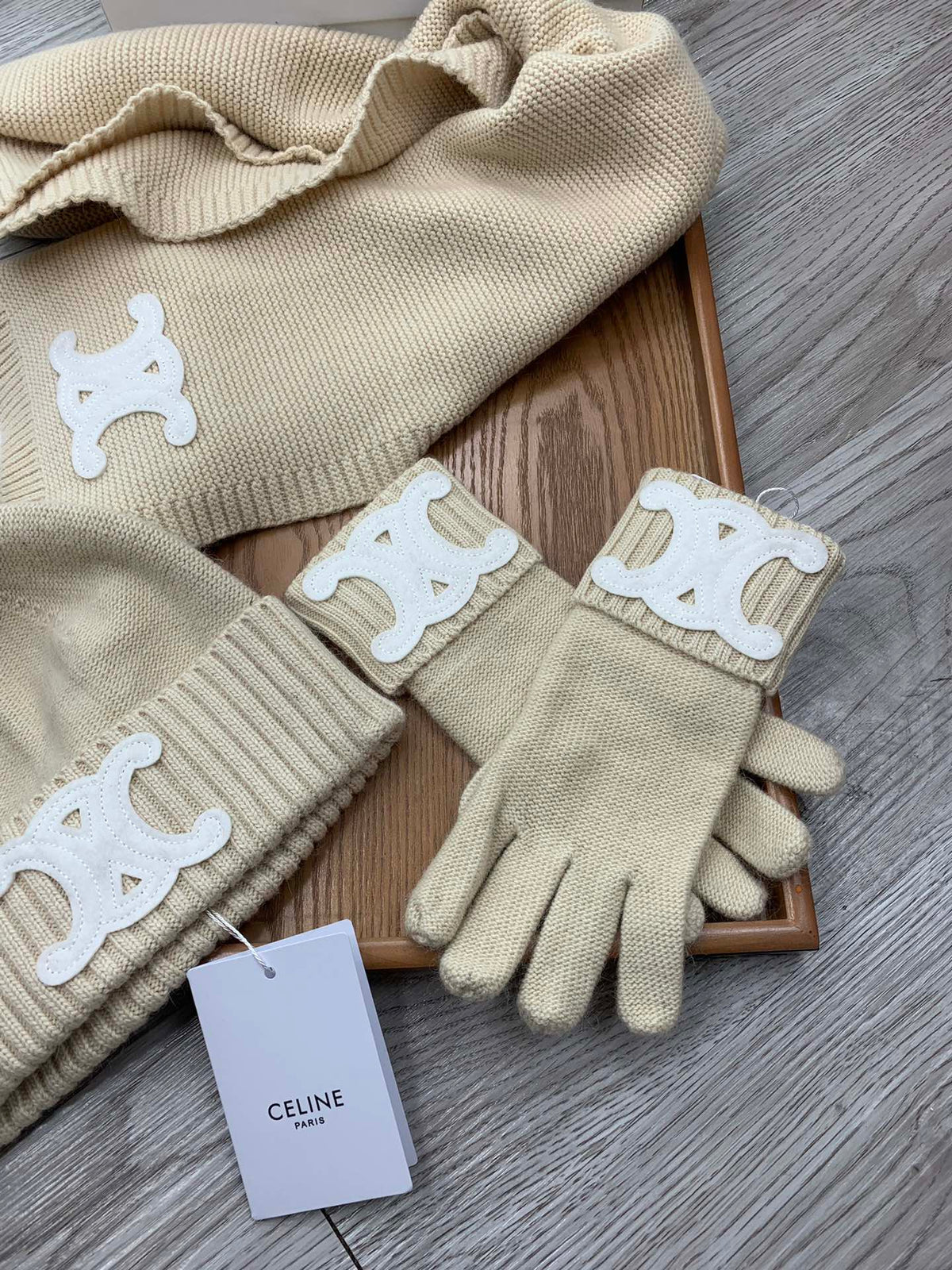 Celine Hat Scarf Gloves Set Light Beige Knit Fur 475091