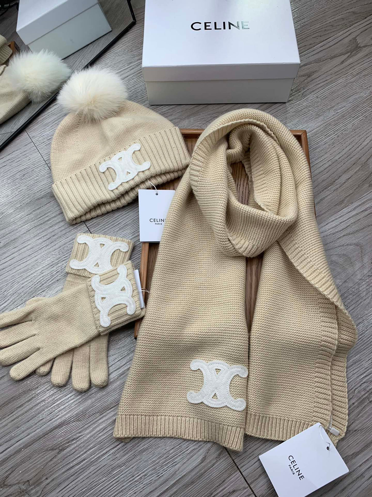 Celine Hat Scarf Gloves Set Light Beige Knit Fur 475091