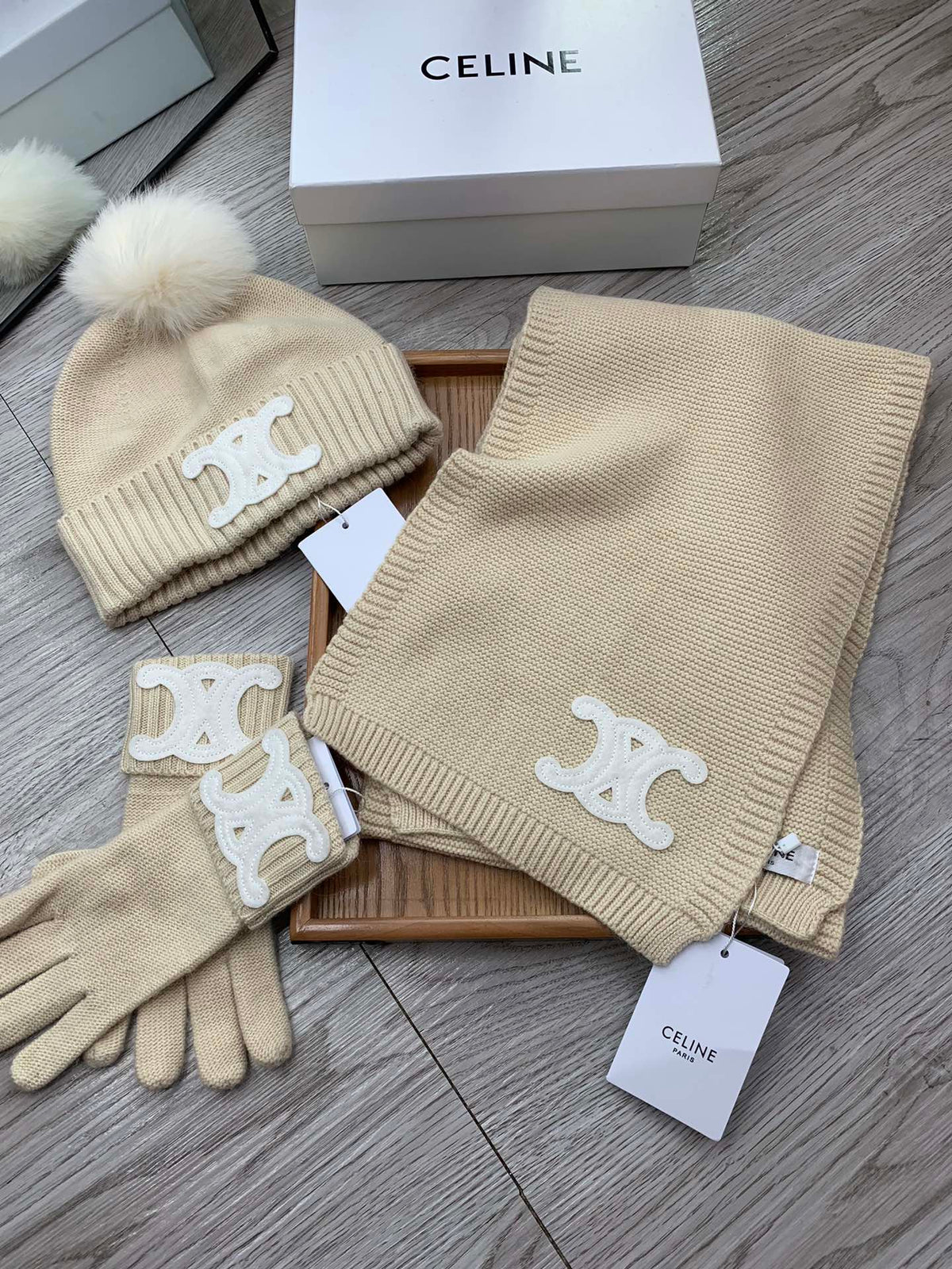 Celine Hat Scarf Gloves Set Light Beige Knit Fur 475091