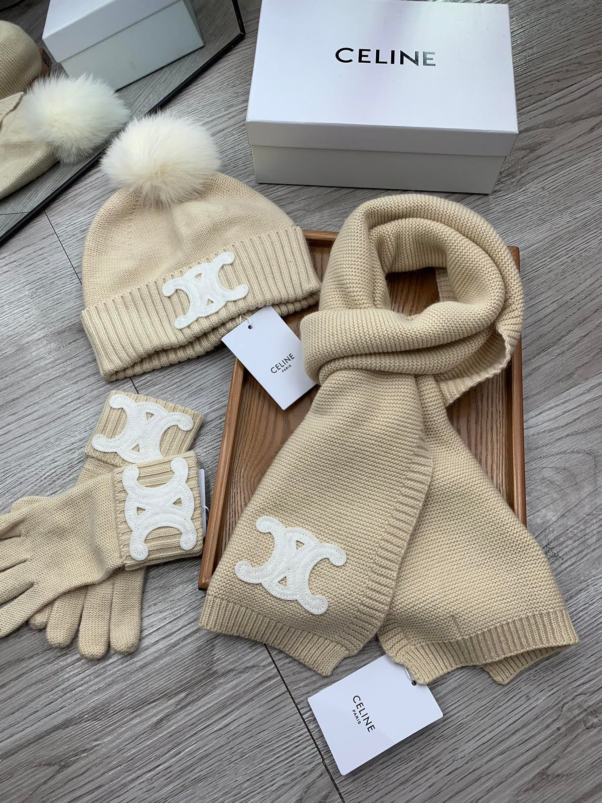 Celine Hat Scarf Gloves Set Light Beige Knit Fur 475091