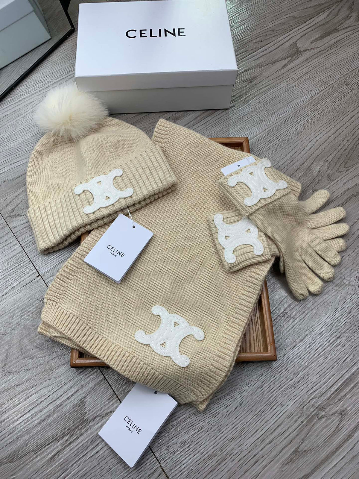 Celine Hat Scarf Gloves Set Light Beige Knit Fur 475091