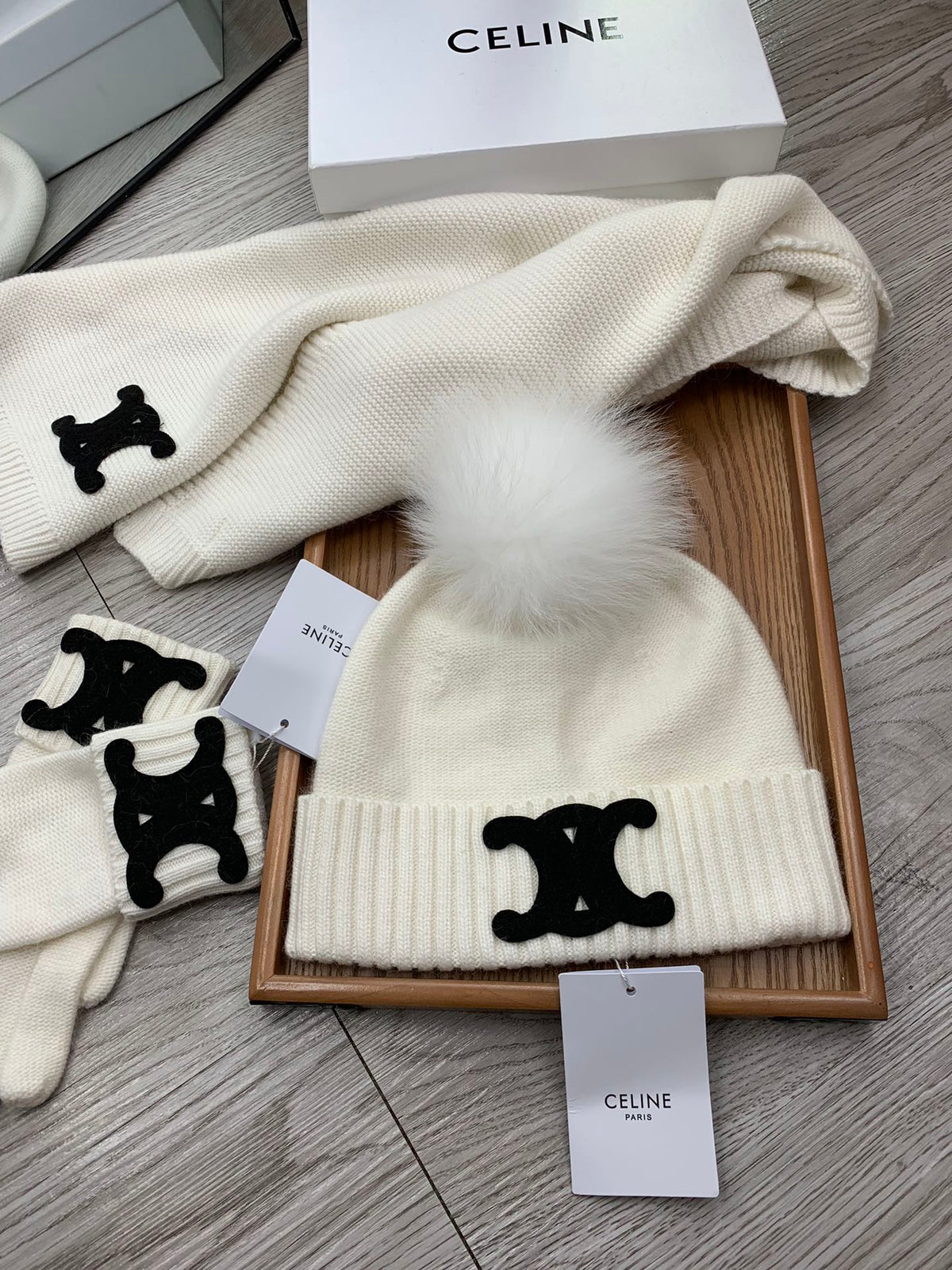 Celine Hat Scarf Gloves Set White Knit Fur 475090