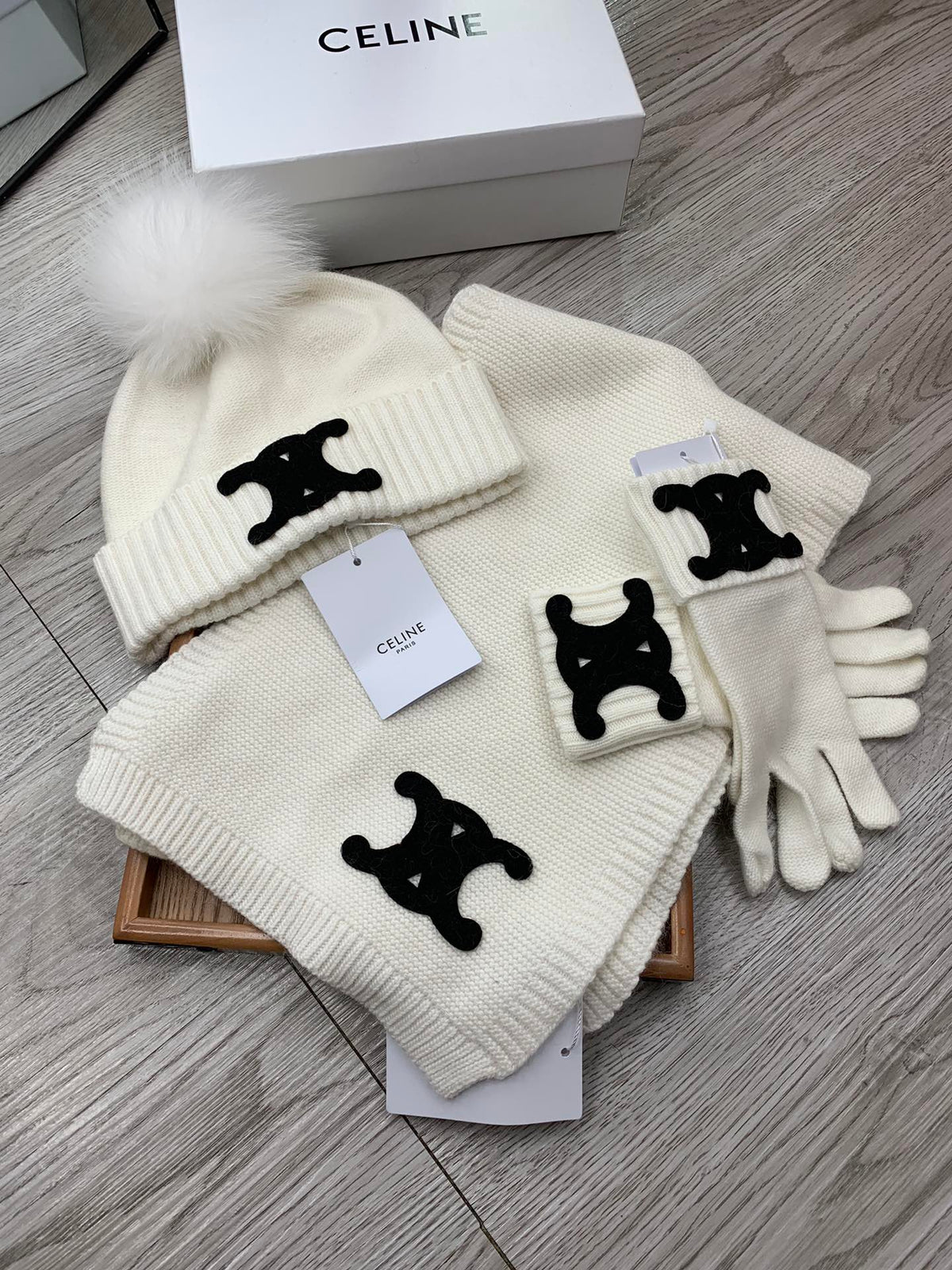 Celine Hat Scarf Gloves Set White Knit Fur 475090