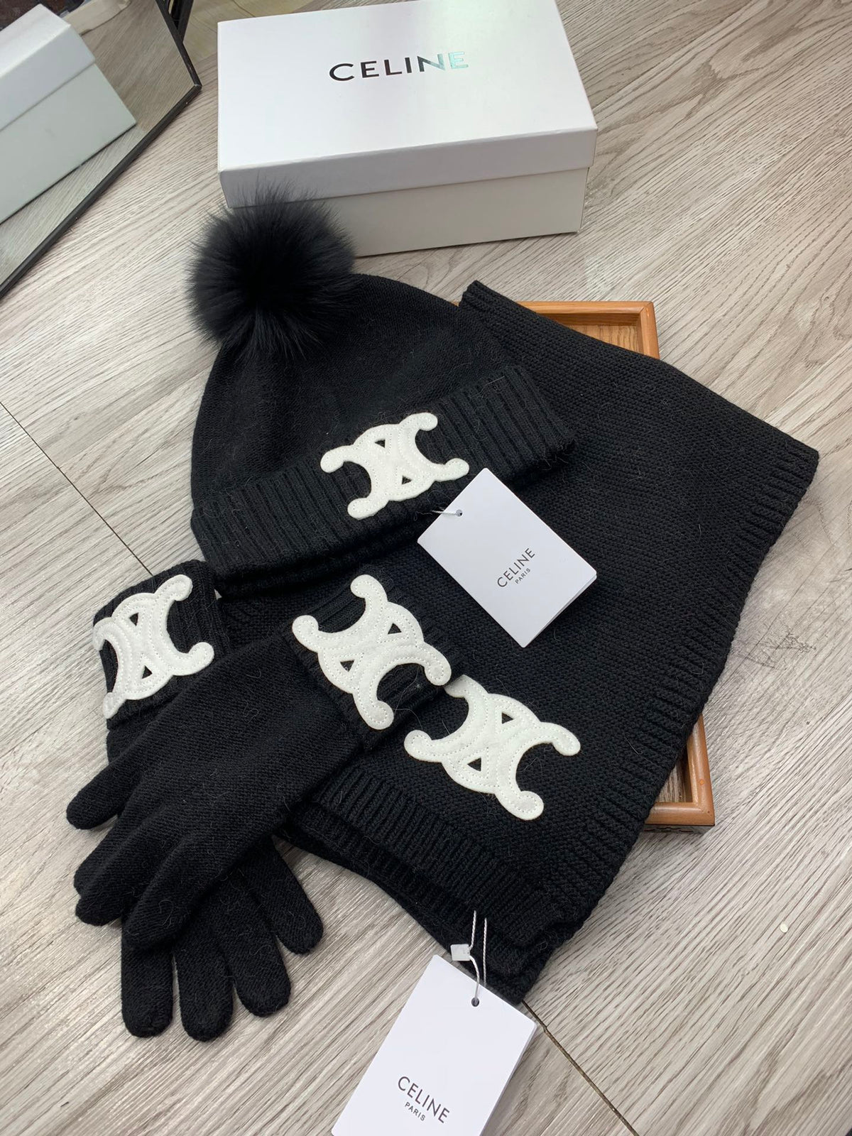 Celine Hat Scarf Gloves Set Black Knit Fur 475089