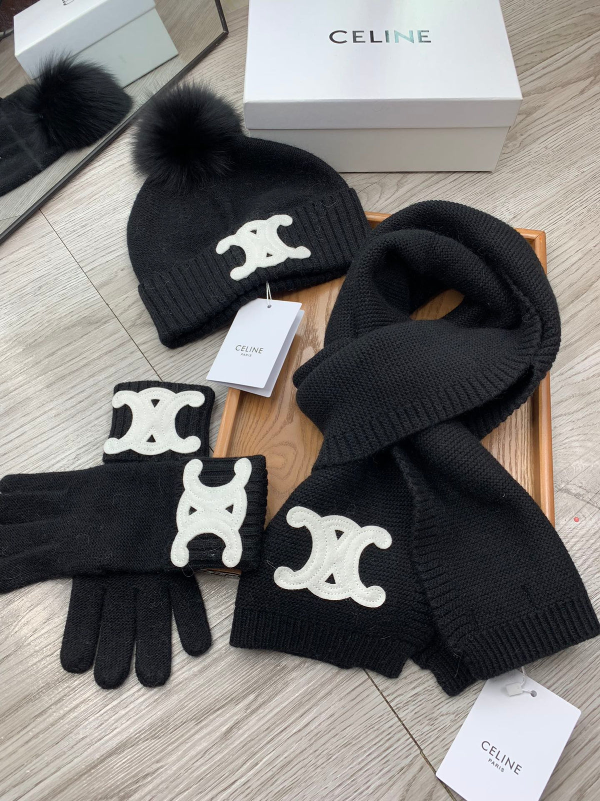 Celine Hat Scarf Gloves Set Black Knit Fur 475089