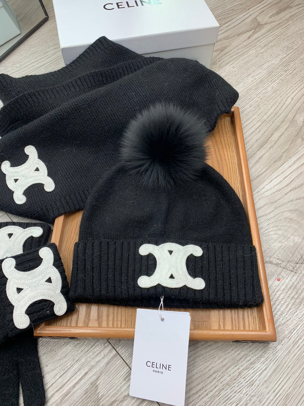 Celine Hat Scarf Gloves Set Black Knit Fur 475089