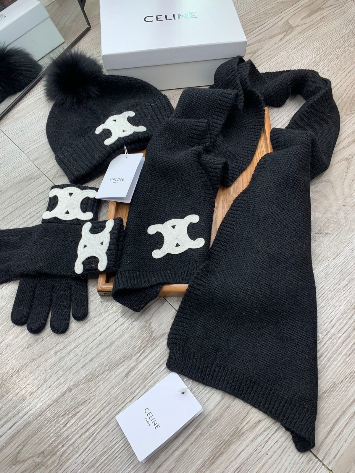 Celine Hat Scarf Gloves Set Black Knit Fur 475089