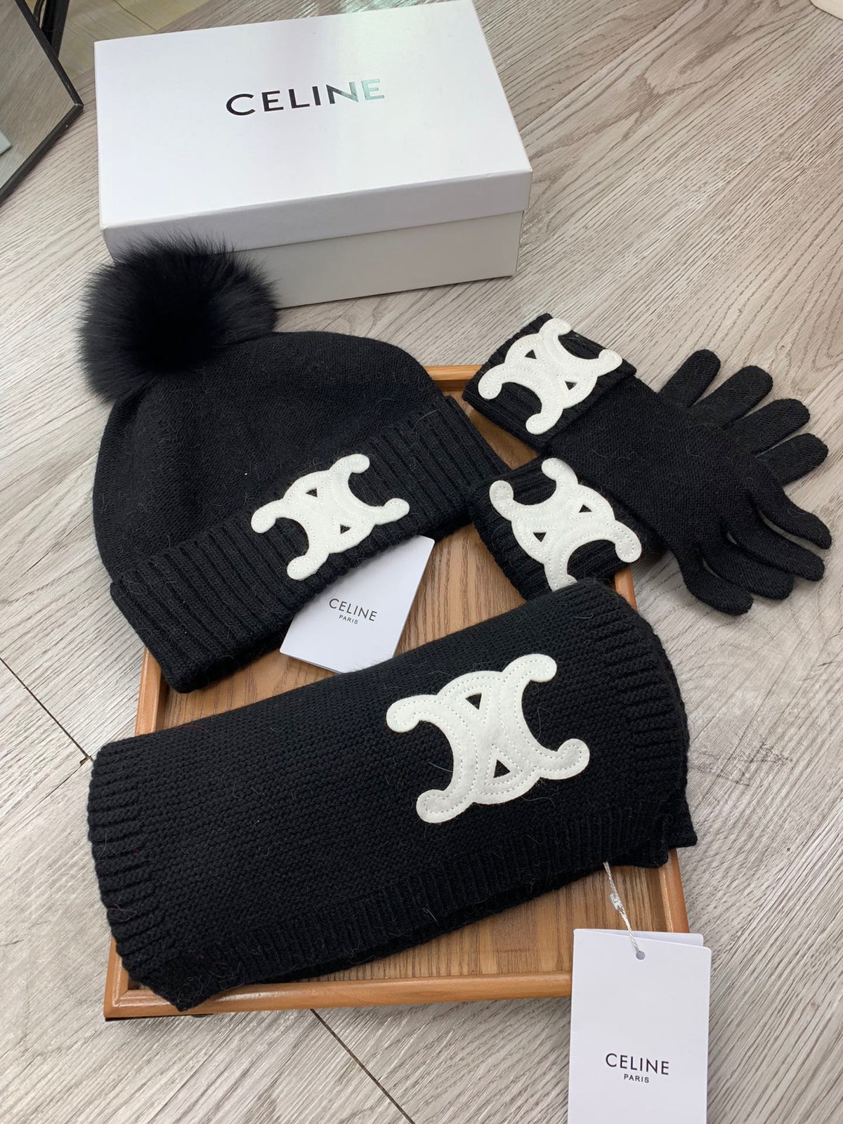 Celine Hat Scarf Gloves Set Black Knit Fur 475089