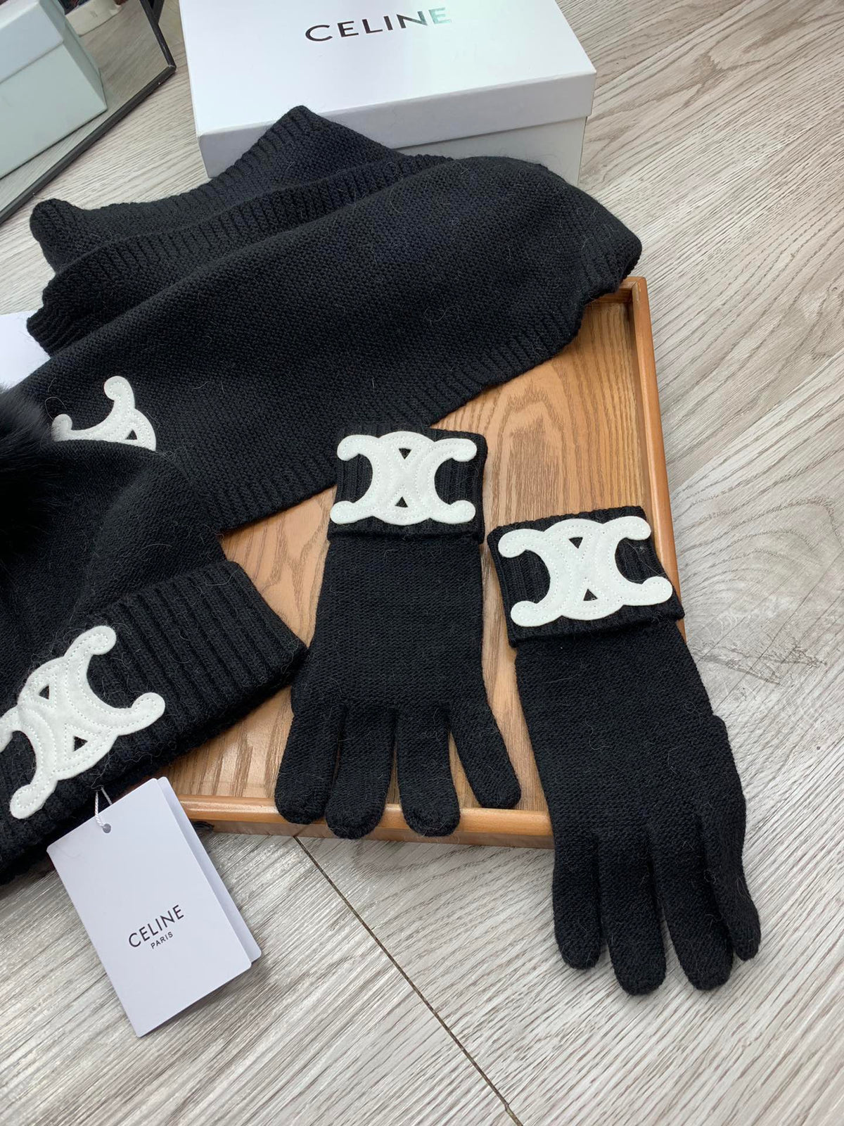 Celine Hat Scarf Gloves Set Black Knit Fur 475089