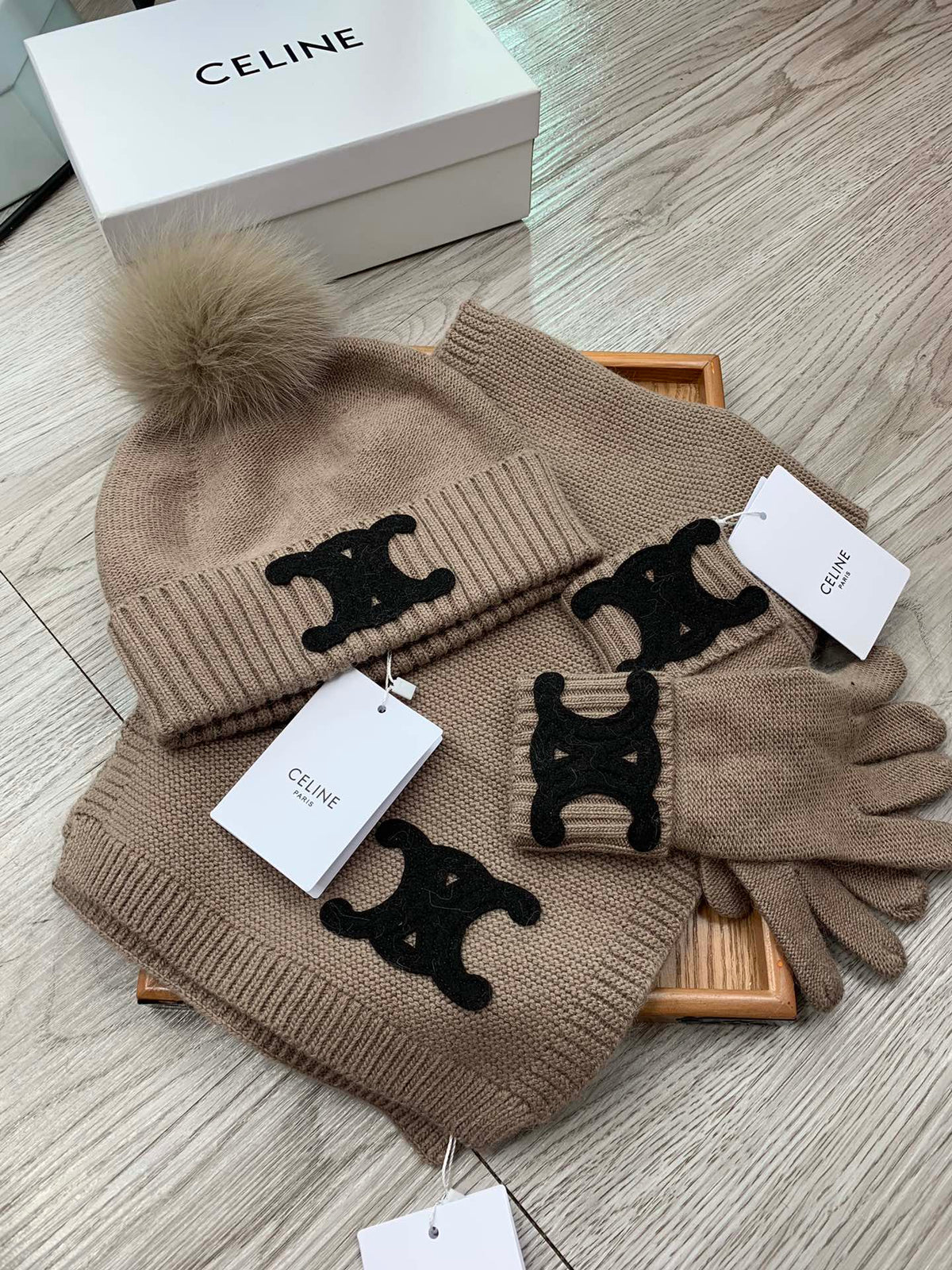 Celine Hat Scarf Gloves Set Khaki Knit Fur 475088