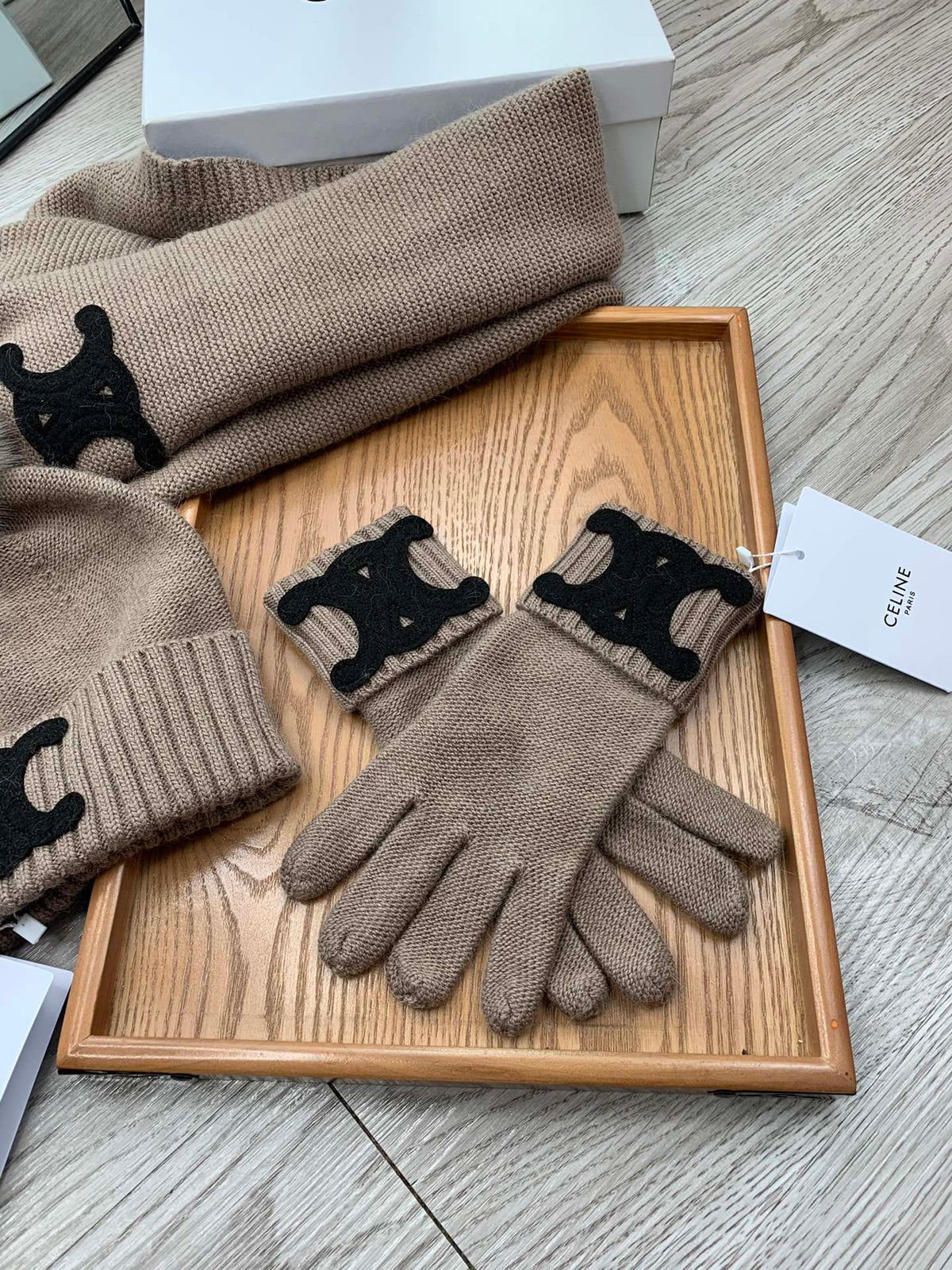Celine Hat Scarf Gloves Set Khaki Knit Fur 475088