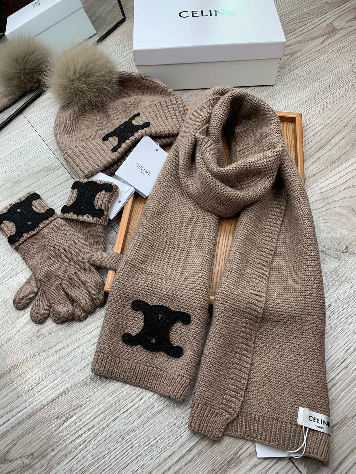 Celine Hat Scarf Gloves Set Khaki Knit Fur 475088