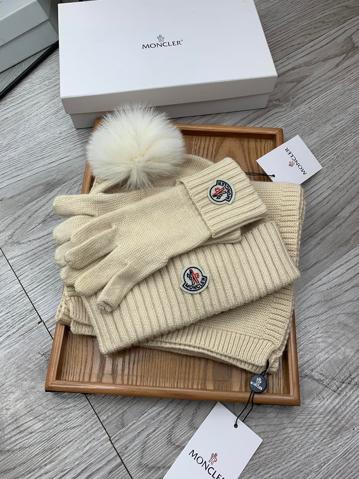 Moncler Hat Scarf Gloves Set Light Beige Knit Fur 475095
