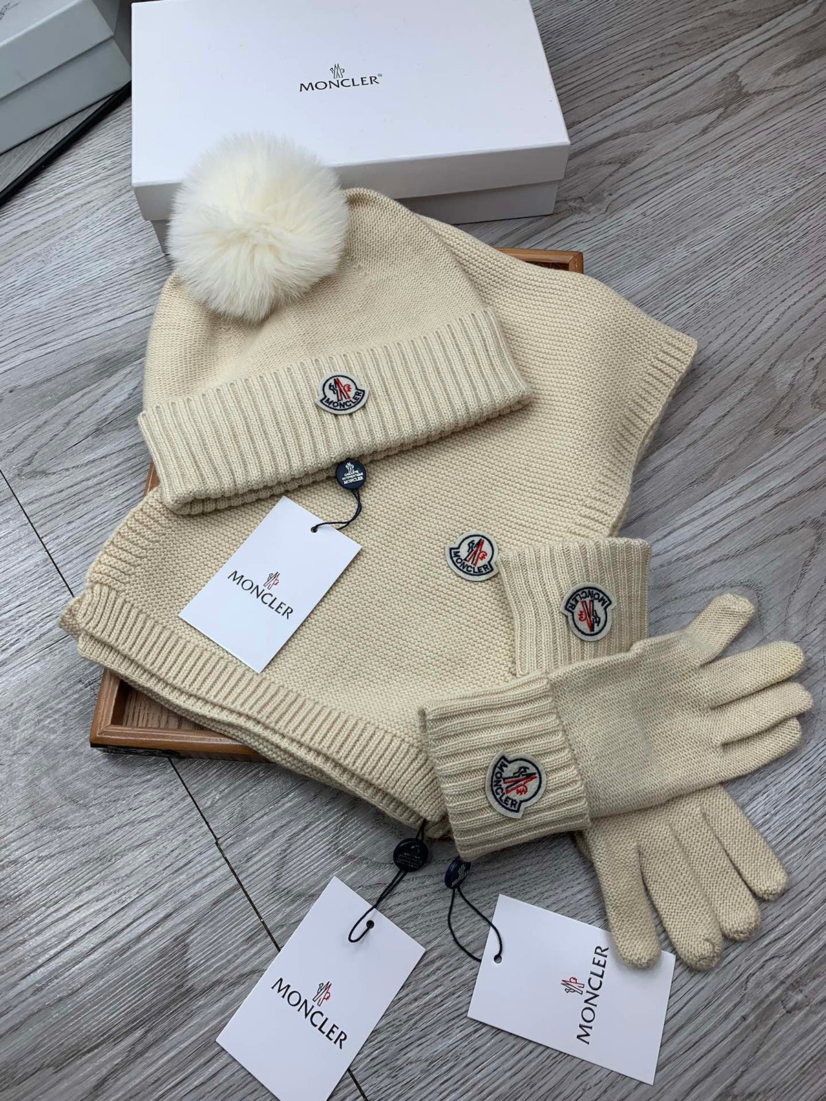 Moncler Hat Scarf Gloves Set Light Beige Knit Fur 475095