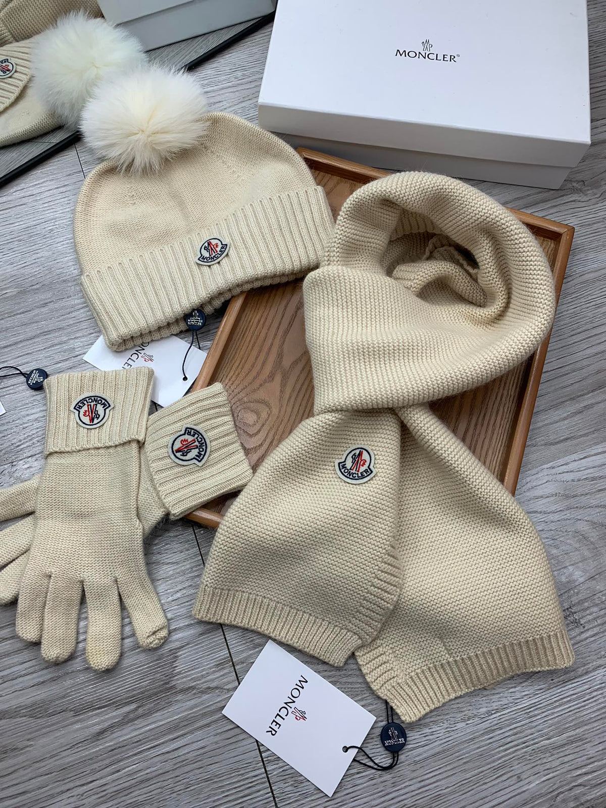 Moncler Hat Scarf Gloves Set Light Beige Knit Fur 475095