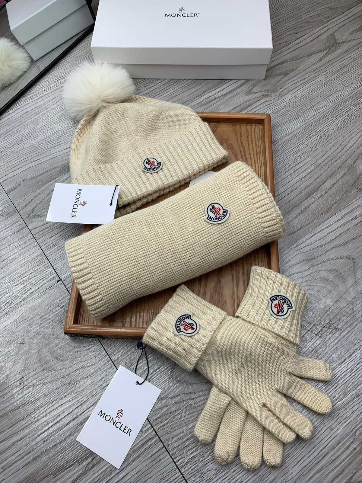 Moncler Hat Scarf Gloves Set Light Beige Knit Fur 475095