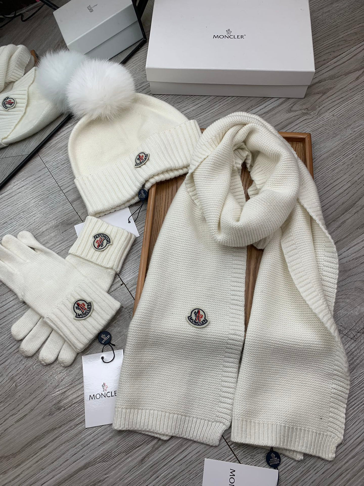 Moncler Hat Scarf Gloves Set White Knit Fur 475096