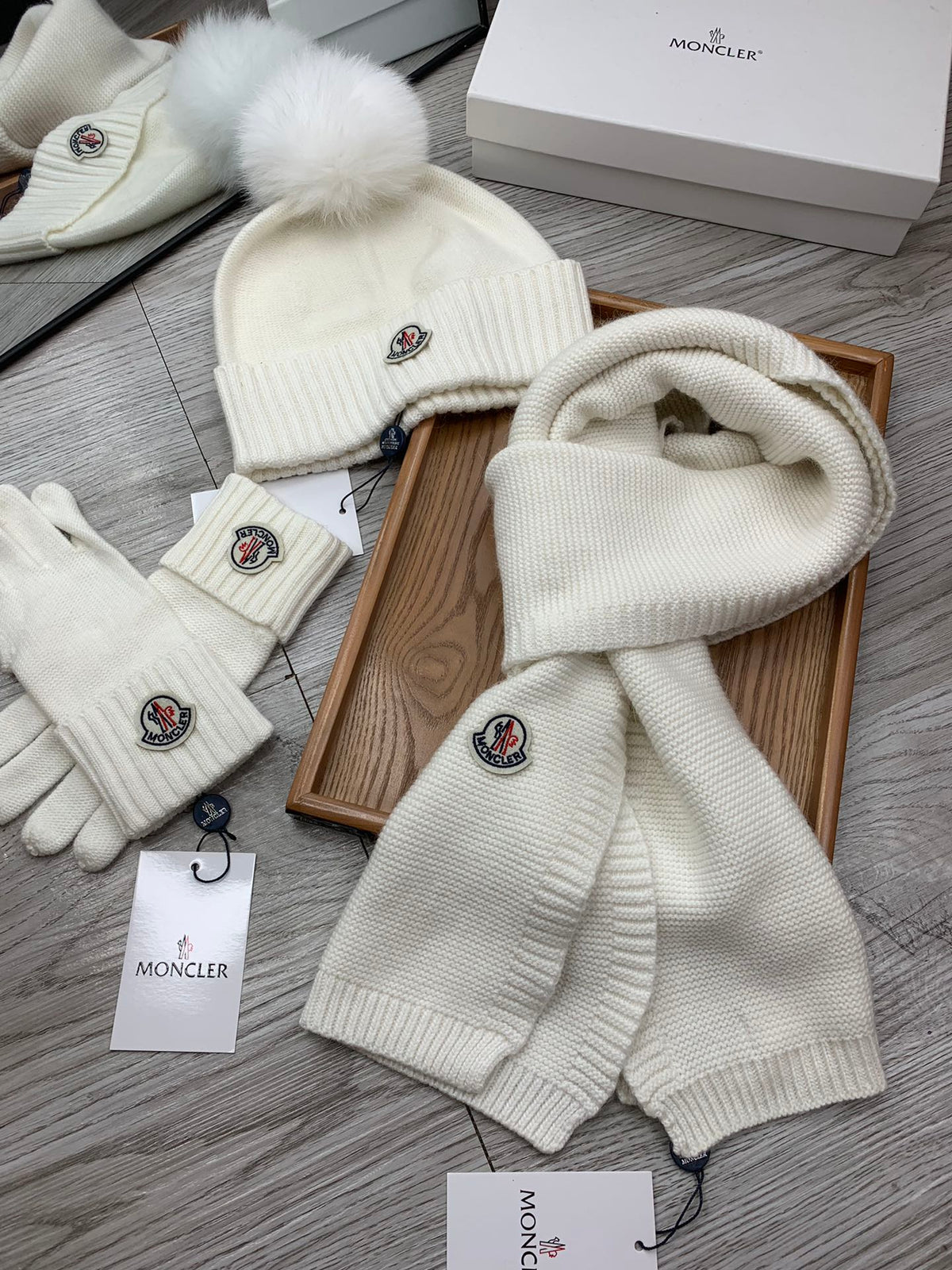 Moncler Hat Scarf Gloves Set White Knit Fur 475096