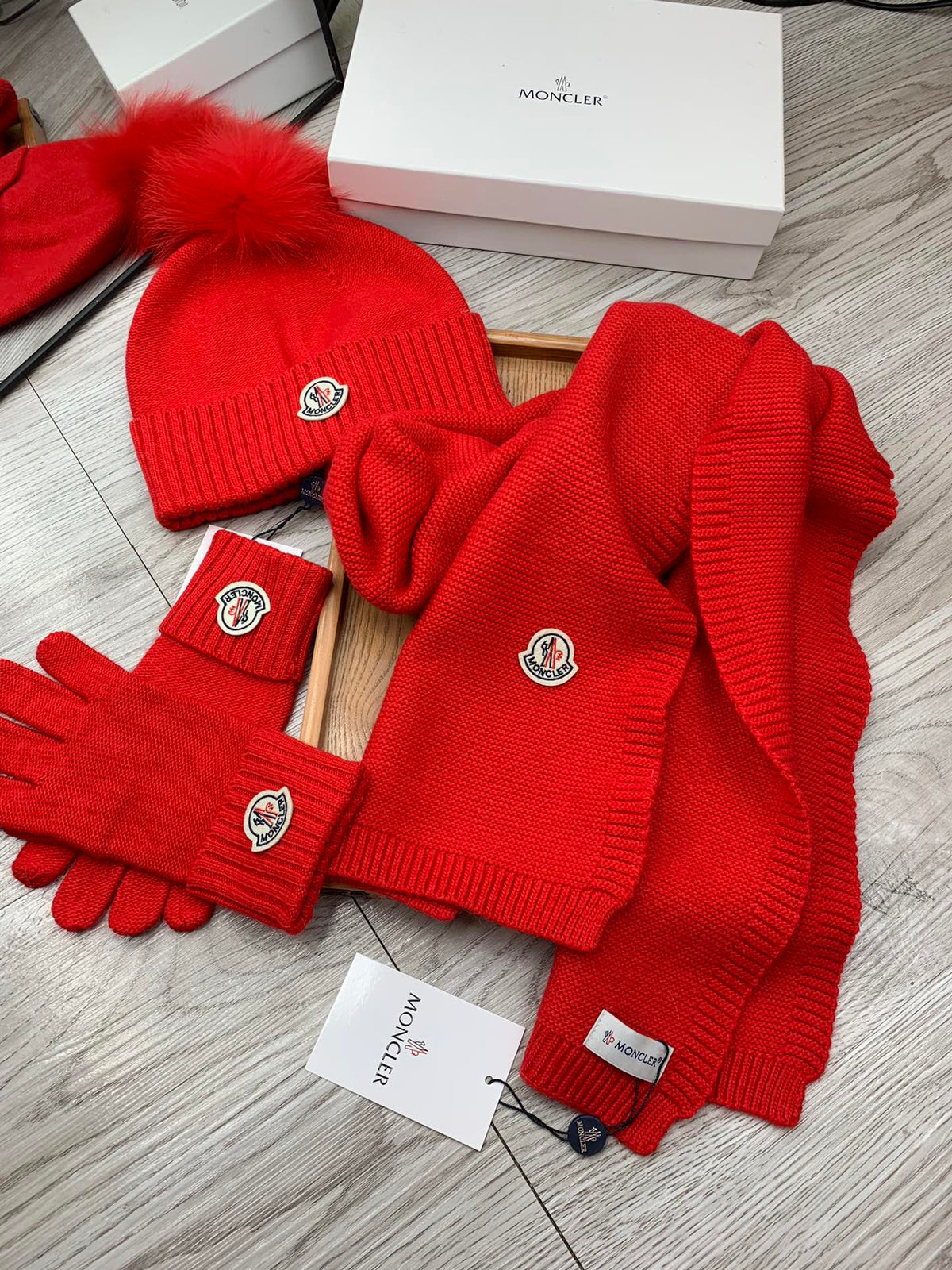 Moncler Hat Scarf Gloves Set Red Knit Fur 475094