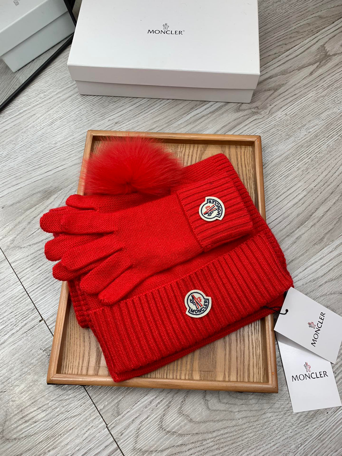 Moncler Hat Scarf Gloves Set Red Knit Fur 475094