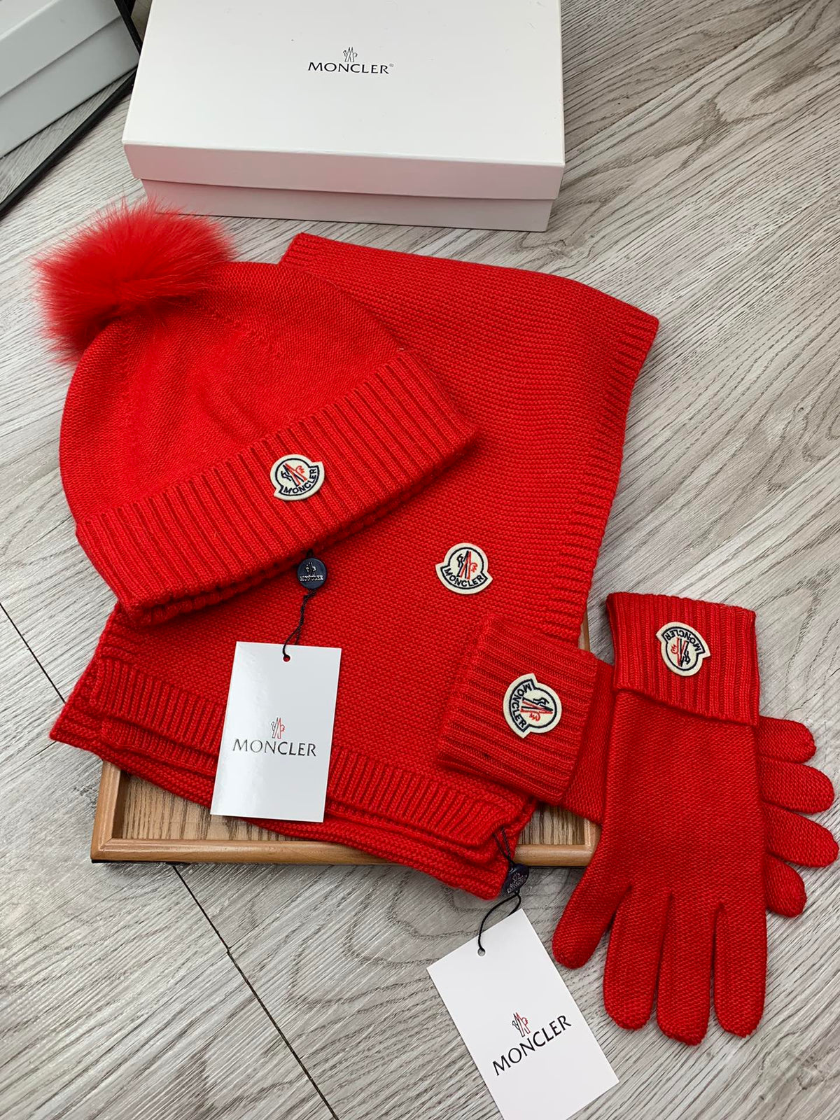 Moncler Hat Scarf Gloves Set Red Knit Fur 475094