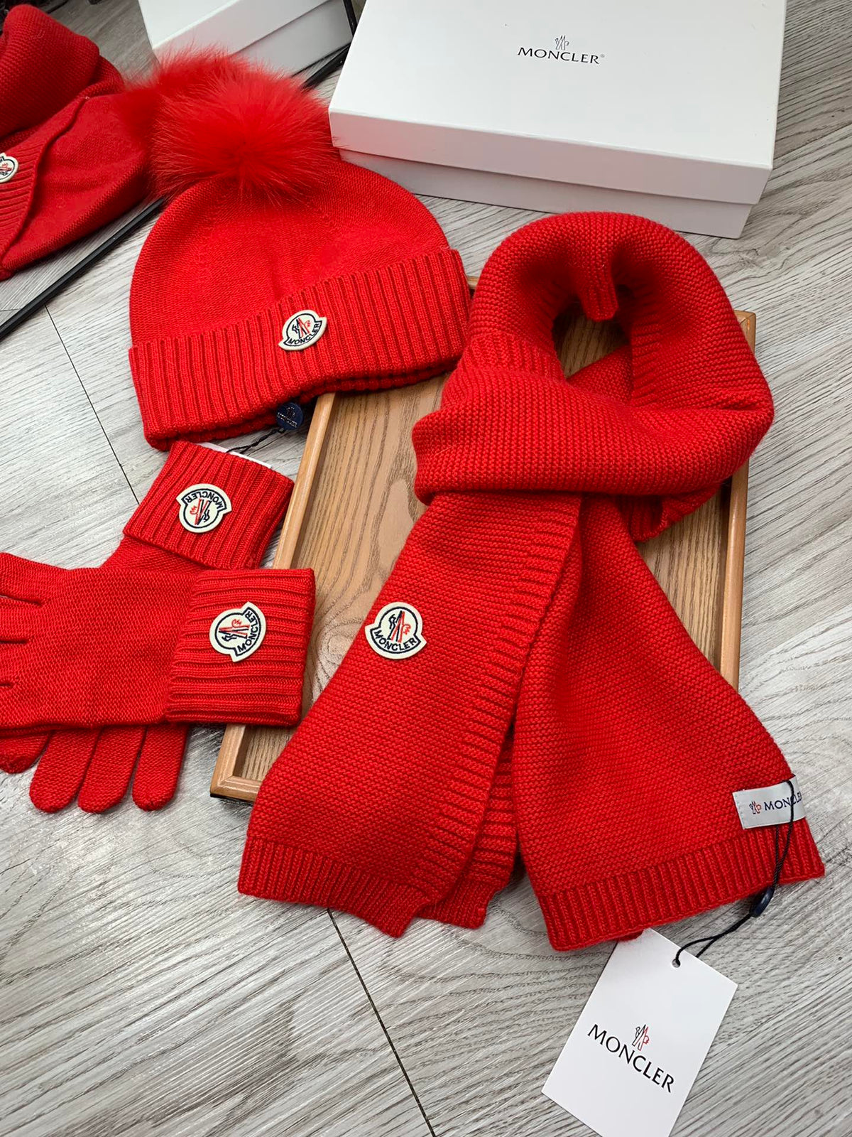 Moncler Hat Scarf Gloves Set Red Knit Fur 475094