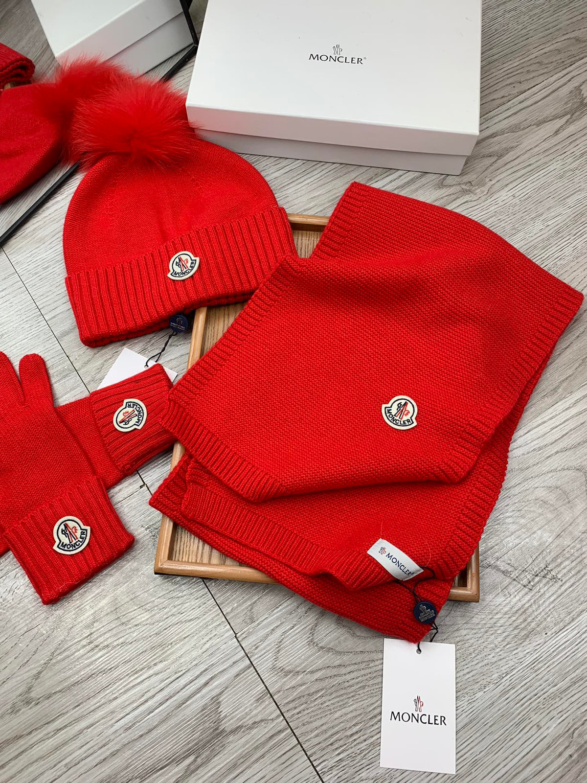 Moncler Hat Scarf Gloves Set Red Knit Fur 475094