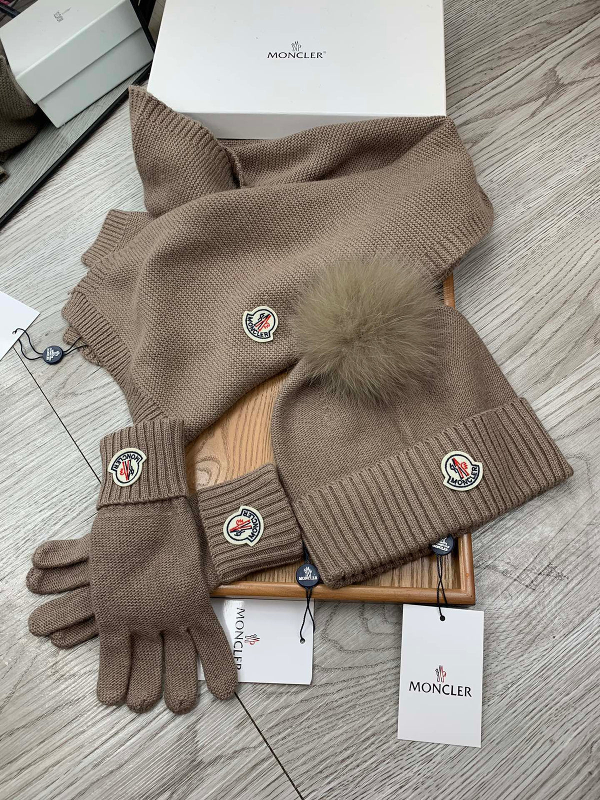 Moncler Hat Scarf Gloves Set Black Knit Fur 475098