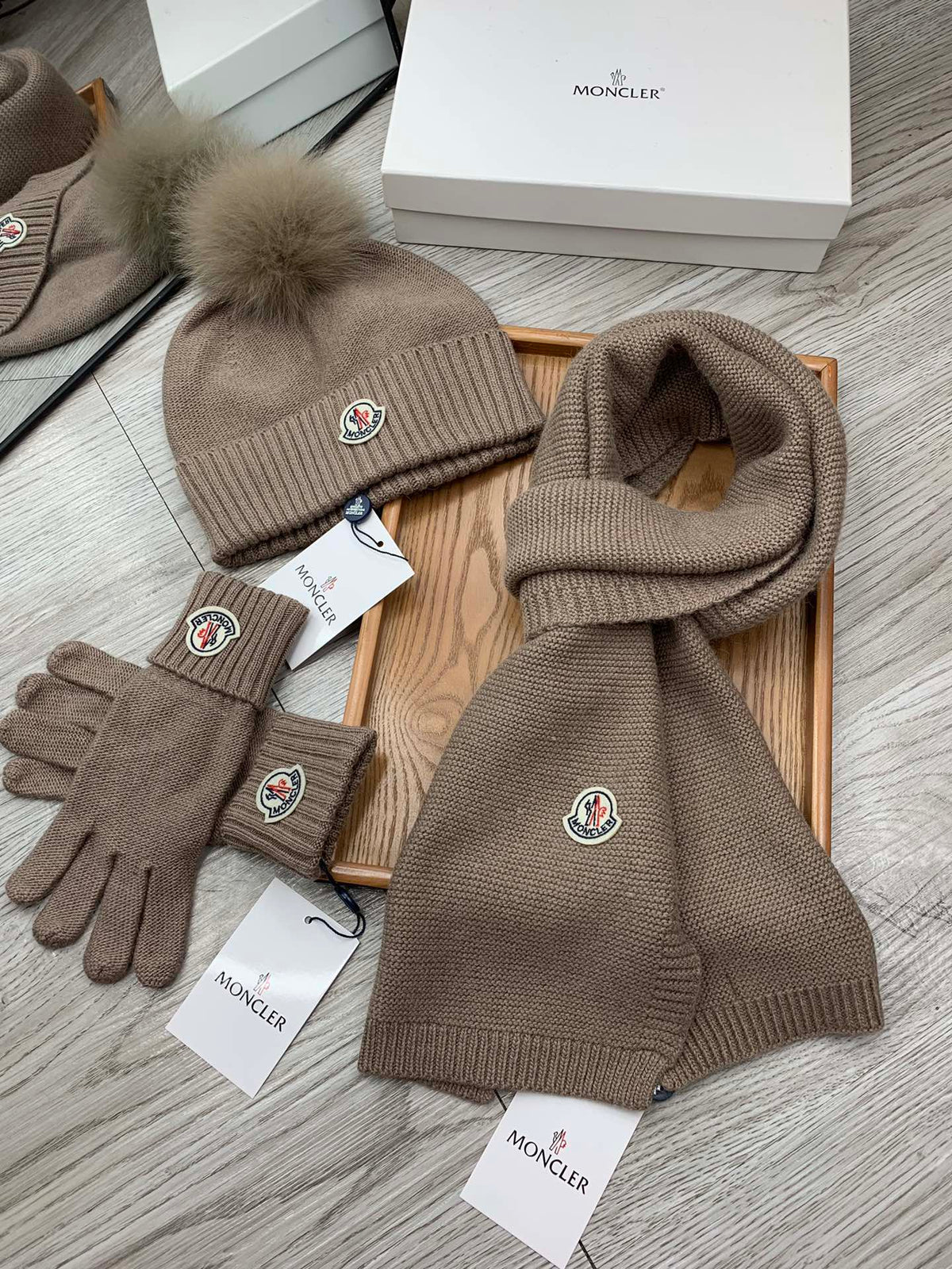Moncler Hat Scarf Gloves Set Black Knit Fur 475098