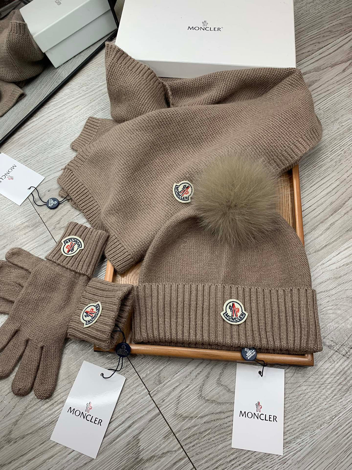 Moncler Hat Scarf Gloves Set Black Knit Fur 475098