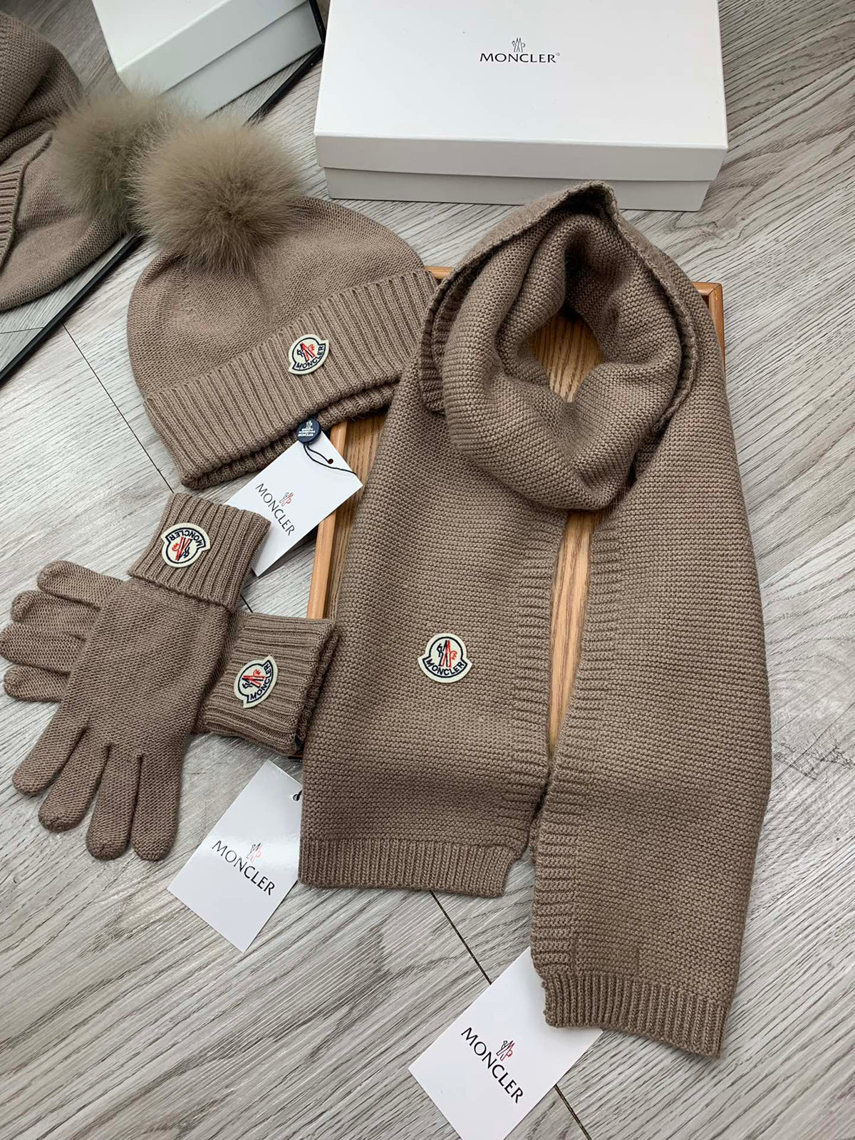 Moncler Hat Scarf Gloves Set Black Knit Fur 475098